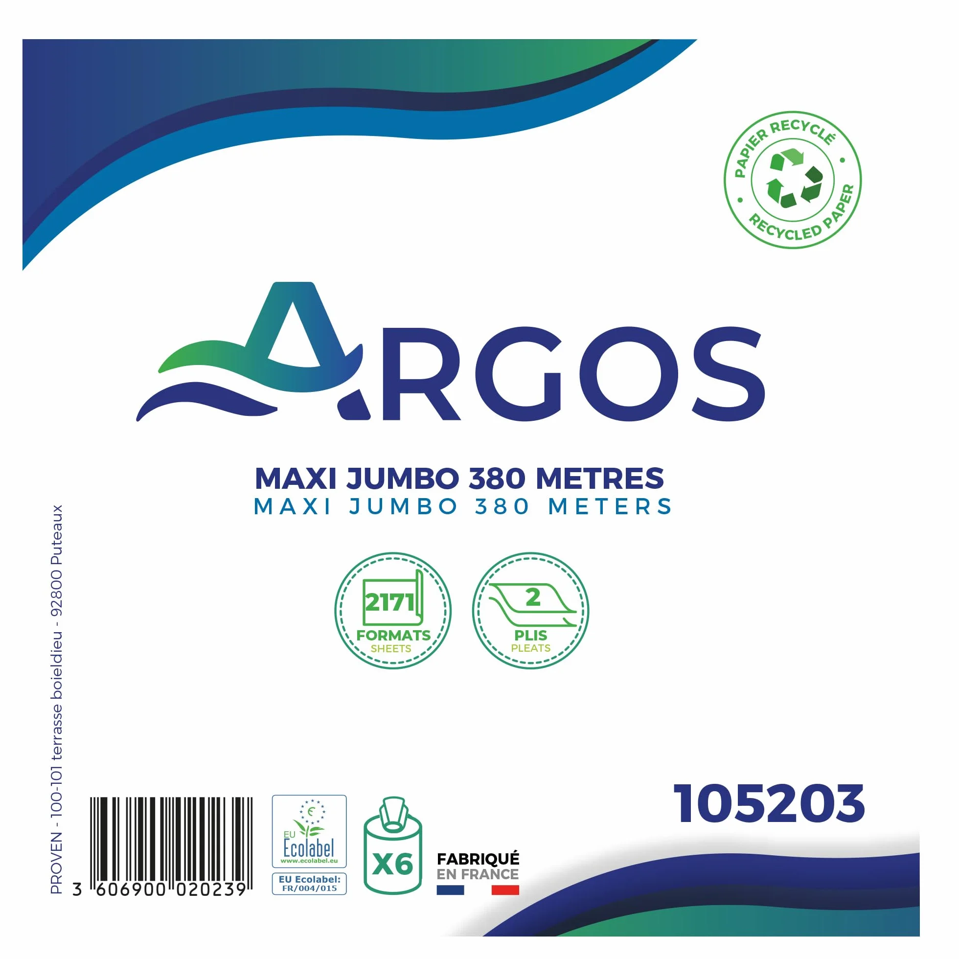 ARGOS - Papier toilette - Maxi jumbo - Cellulose recyclée - Absorption optimale - Ecolabel - 380M - Fabrication française - 6 Rouleaux