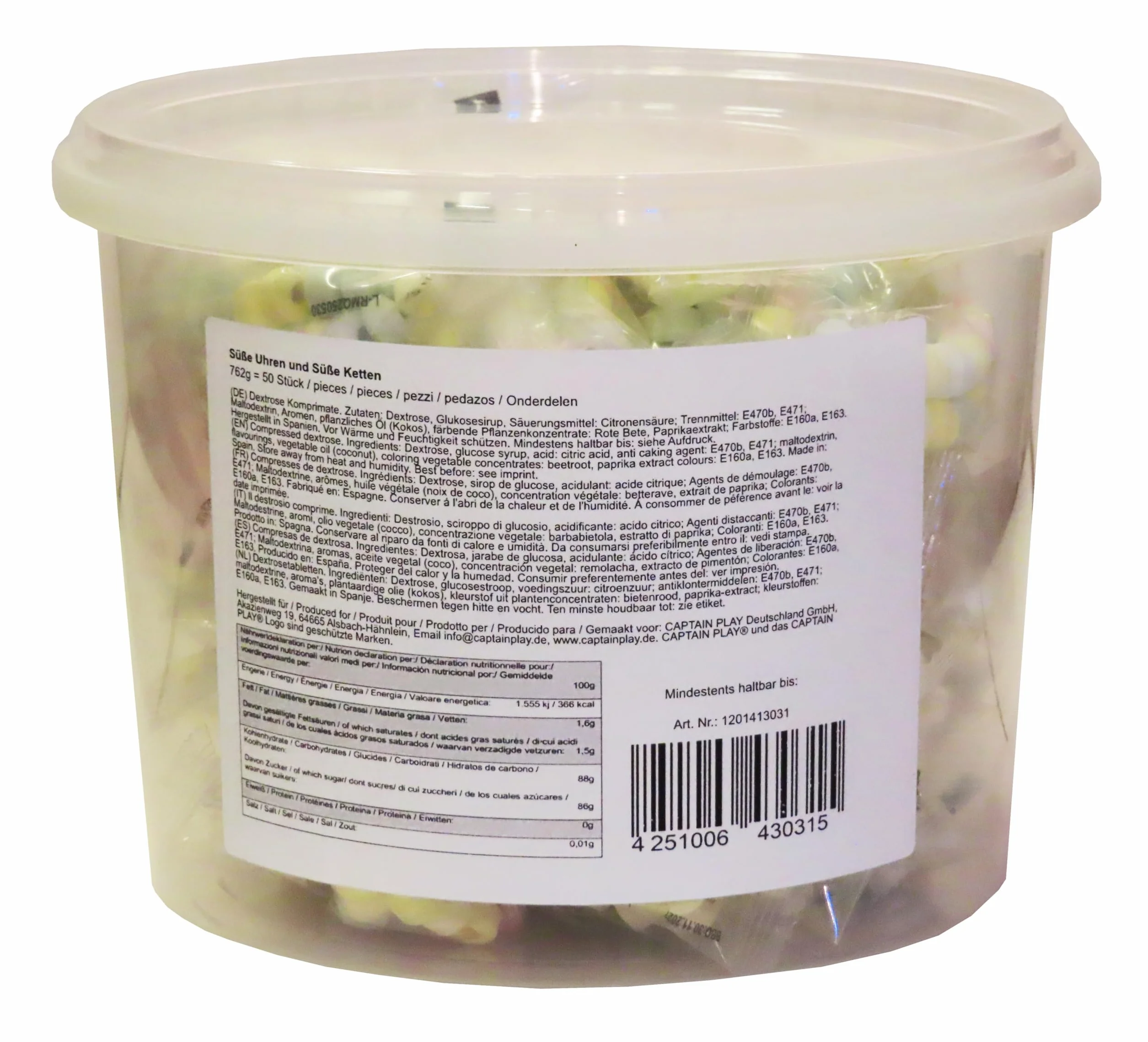 CAPTAIN PLAY Party Box Bonbonnière Colliers Dextrose et Montres Dextrose, 50 pieces en emballage individuel, 762g
