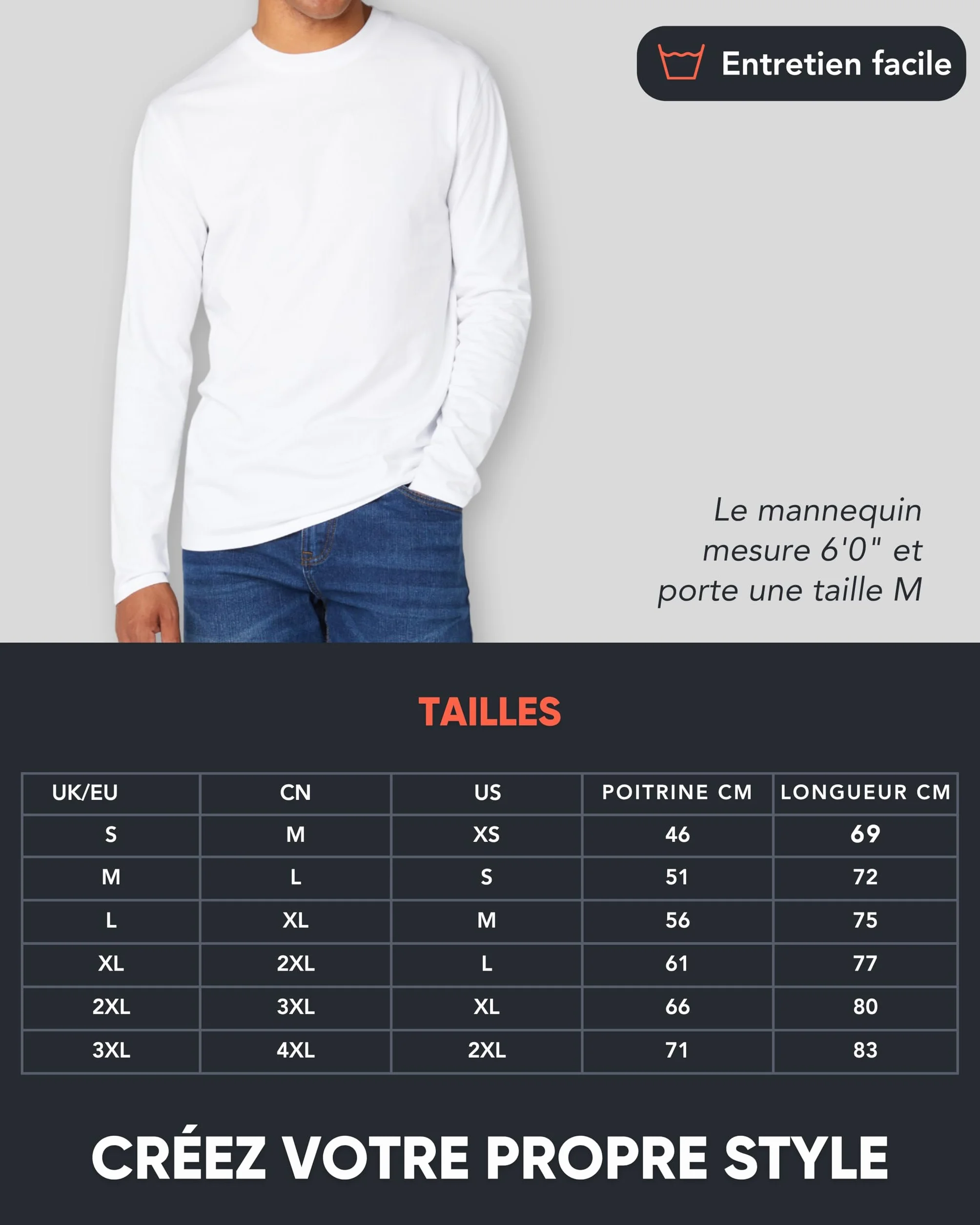 FM London Lot de 3 T-Shirt à Manche Longue pour Homme en Coton Ultra Doux
