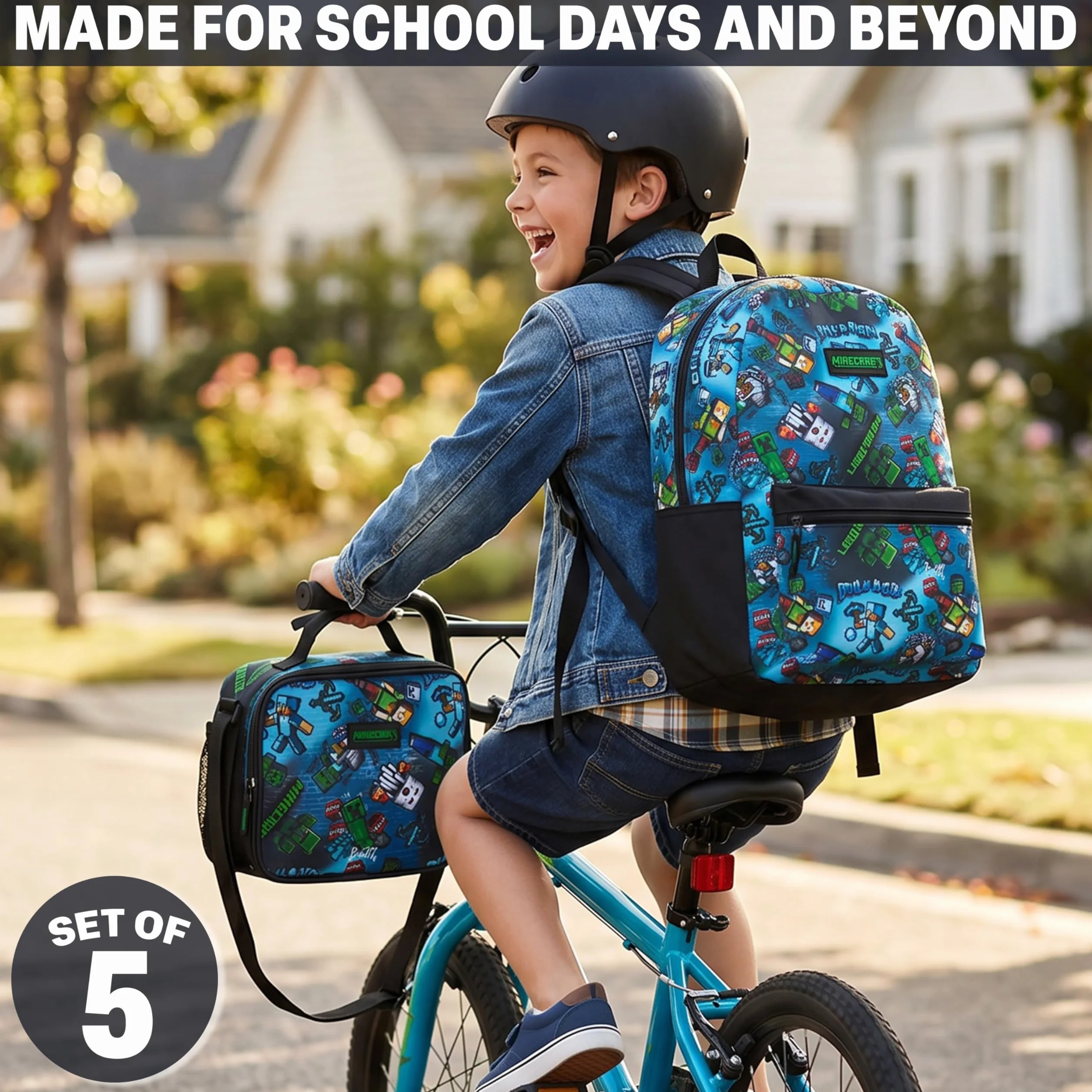 Minecraft Sac à Dos Garçon Set 5 Pièces avec Sac Isotherme Repas Trousse Scolaire Gourde sans BPA