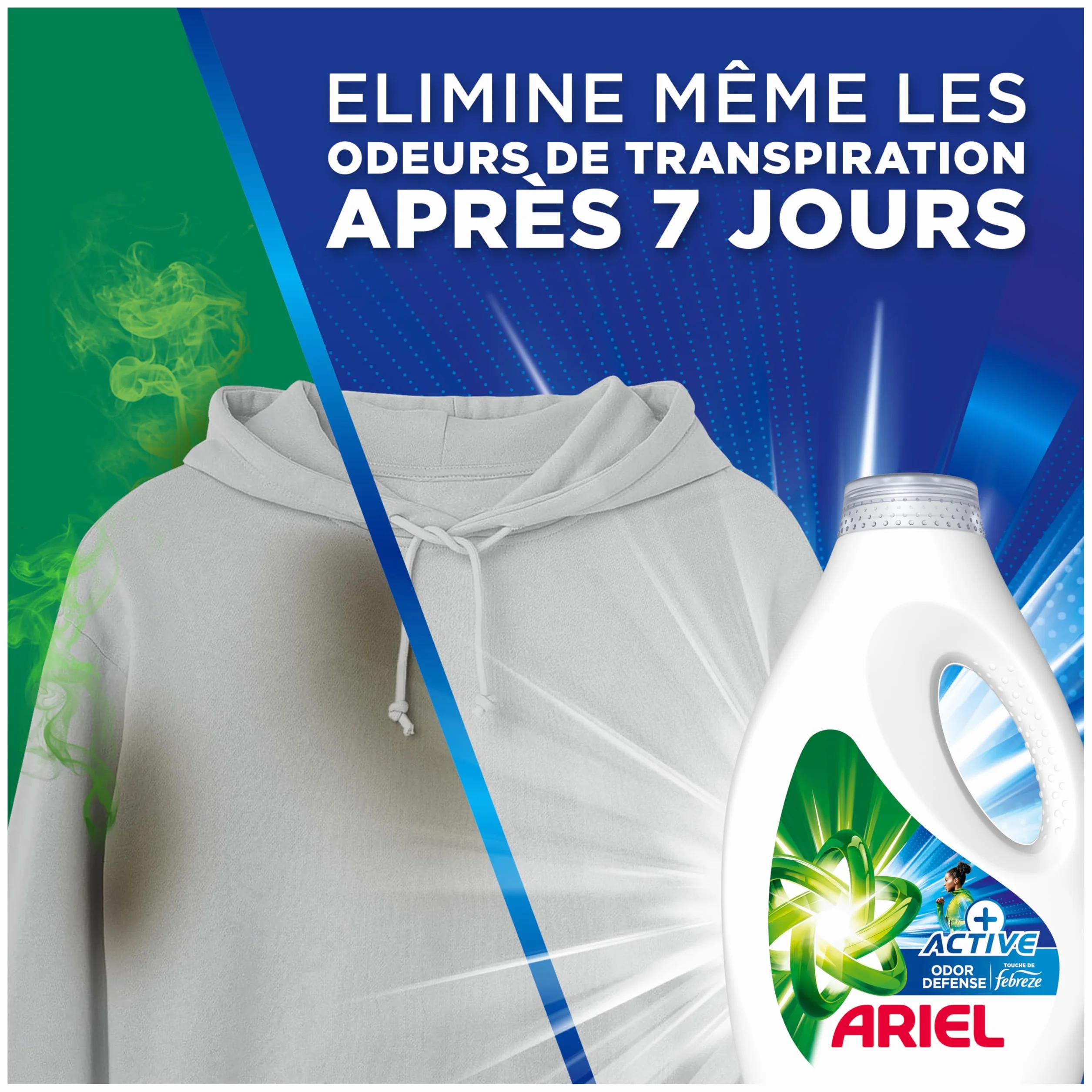 Ariel +Active Lessive Liquide, 70 Lavages (3.15L), Élimine les Odeurs de Transpiration Même Après 7 Jours avec la Technologie Febreze, Impeccable Même à Froid, Fabriqué en France