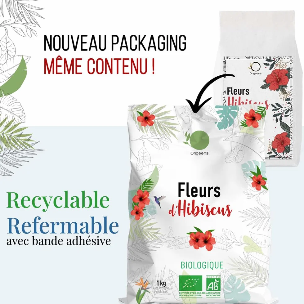 ORIGEENS HIBISCUS BIO 1kg Grade Supérieur | Fleur Hibiscus pour Bissap, Karkadé, Thé glacé, Infusion et Tisane | Infusion Detox Drainante | Fleurs d'Hibiscus Séchées Bio
