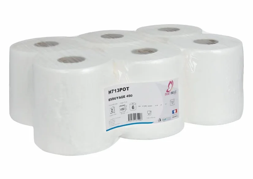 Bobines essuie-tout/essuie-mains maxi 450 formats - Dévidage central - Pure ouate - Blanche - 19,6x24cm - 2 plis - Lot de 6