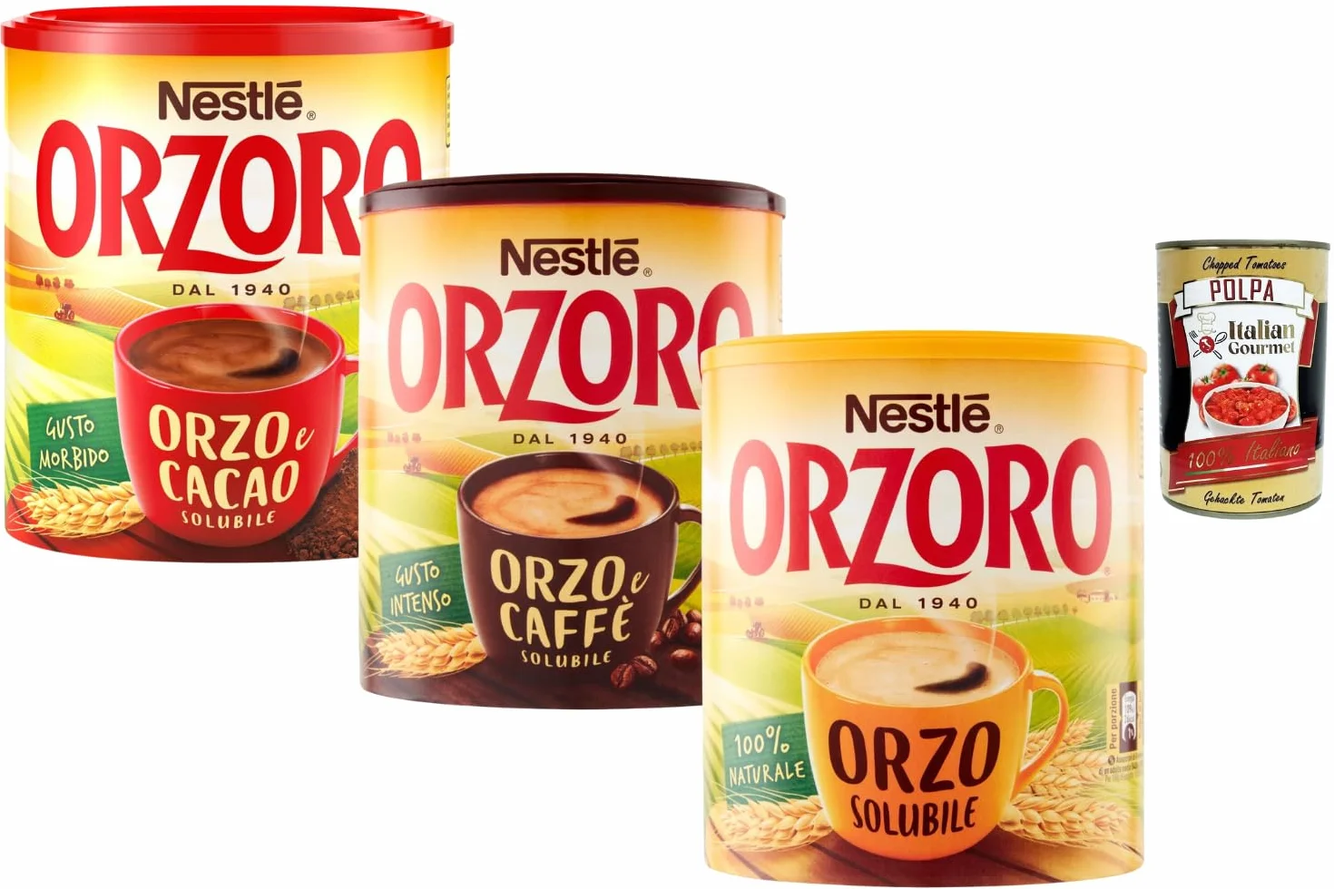Italian Gourmet Orzoro Lot Mixte 2 x 120 g + 1 x 180 g (420 g) – Boisson chaude soluble à l’orge – Orge nature, orge & café, orge & cacao – Alternative au café, instantanée + Italian Gourmet polpa
