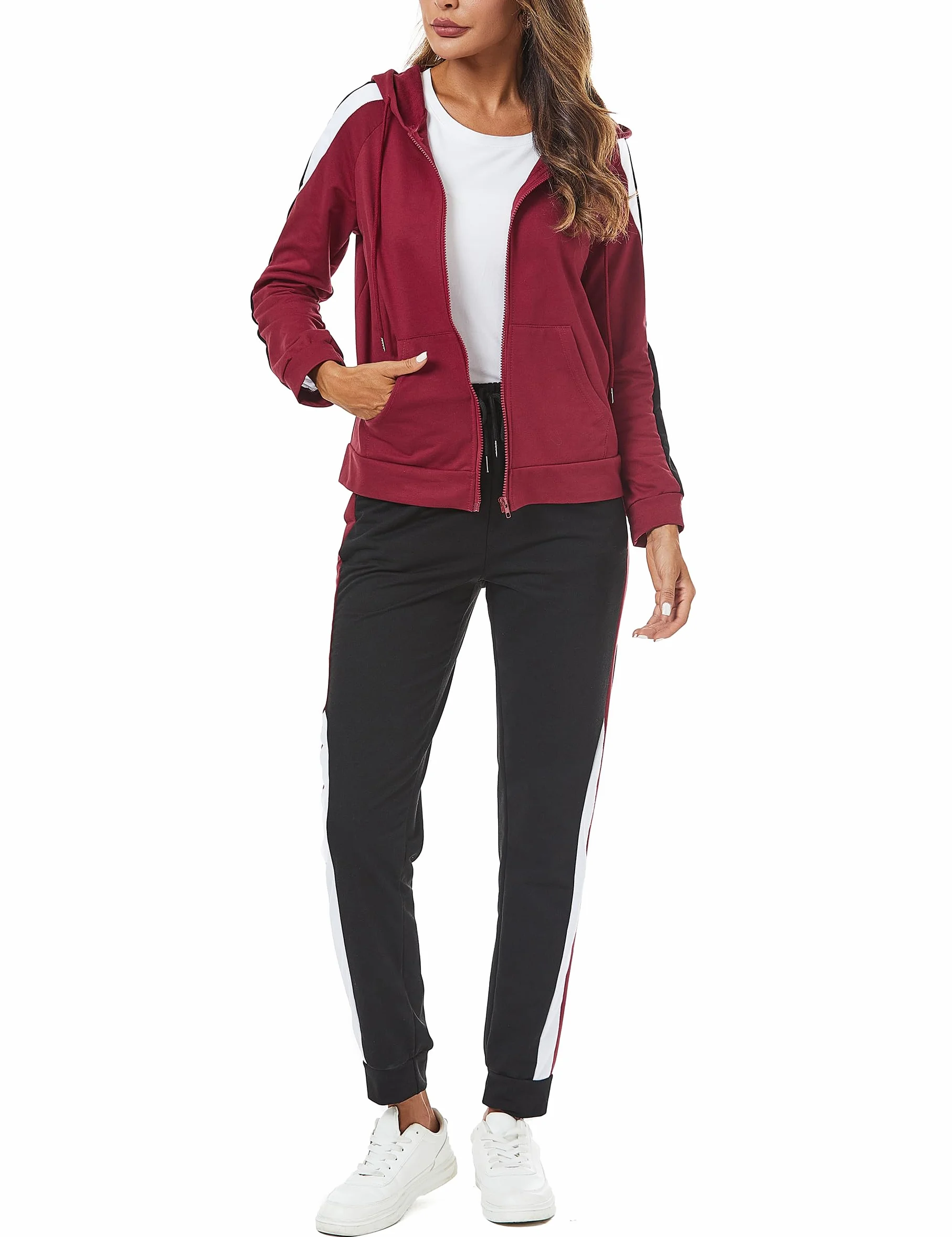 Litherday Survêtement Femme Coton Rayé 2 Pièces Manches Longues Capuche Zippé pour Fitness Jogging