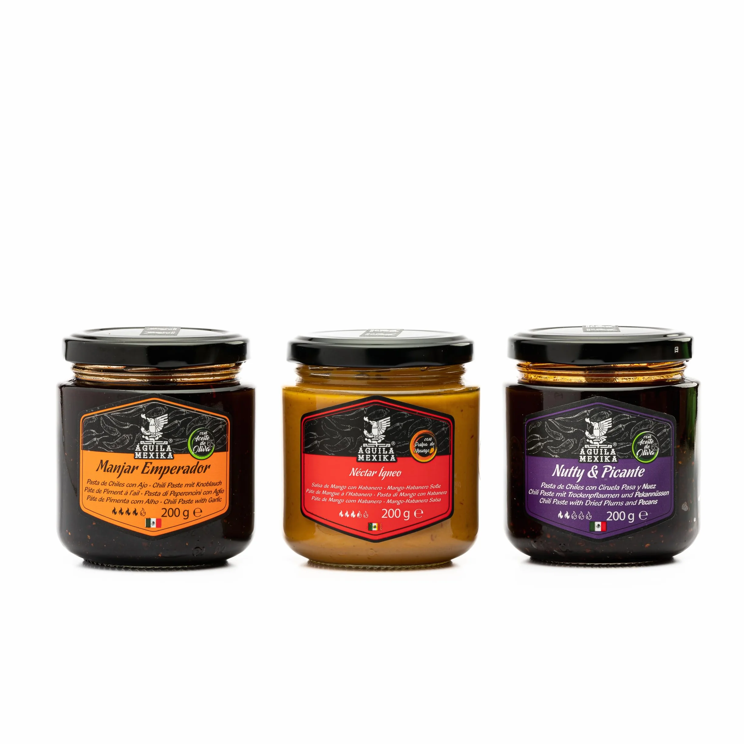 ÁGUILA MEXIKA | Pack Essentiel (3 pièces) Set de 3 sauces piquantes mexicaines d'épicerie fine à base d'ingrédients naturels et complets.