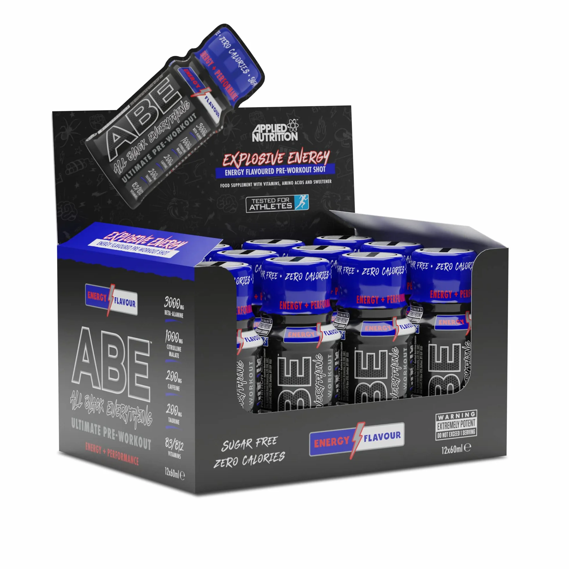 Applied Nutrition ABE Boisson Isotonique, Boisson de Pré-Entraînement, Booster Musculation All Black Everything, avec Citrulline, Bêta-Alanine, Caféine (Box 12 Units x 60ml, Energy Flavour)