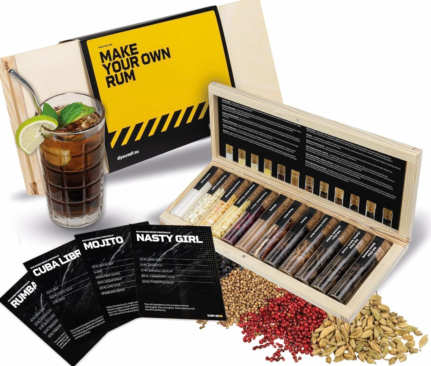 DIBYS Coffret d'Épices pour Rhum Mini | 12 Botanicals pour Coffret Rhum | Avec 4 Cartes de Recettes, Lexique des Épices & Coffret en Bois Élegant | Accessoires pour Faire son Rhum