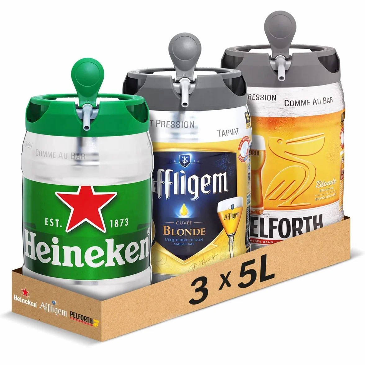 Heineken, Affligem, Pelforth - Pack de 3 Fûts 5L - Bières Blondes 6,7°et 5,8° - Compatible Tireuse BeerTender, Utilisable sans Machine , pour Domicile