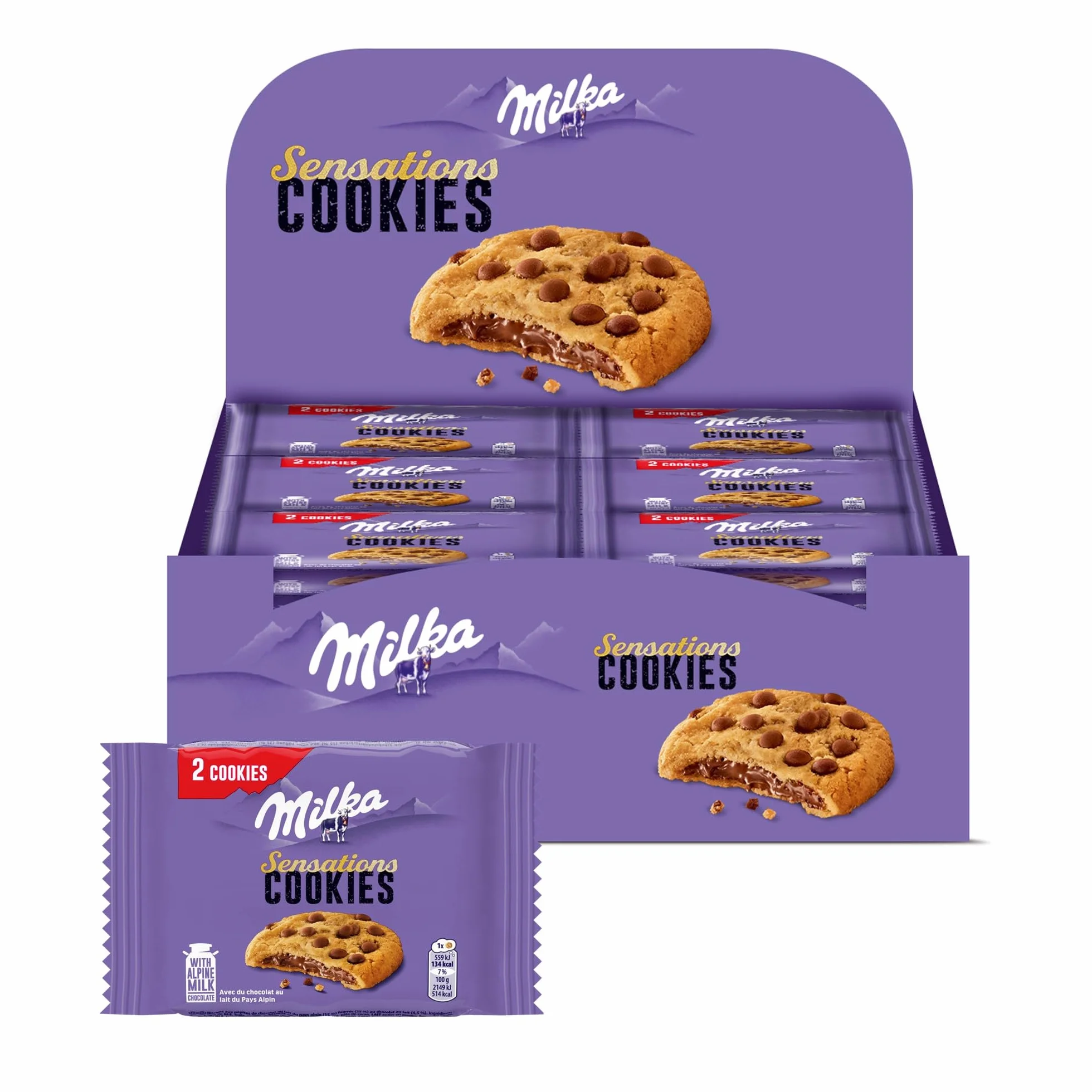 MILKA - Cookies Sensations - Cookies aux Pépites de Chocolat au Lait et Cœur Chocolaté - Lot de Biscuits Individuels - Format Familial Pratique pour le Goûter - Présentoir de 24 Paquets de 2 Cookies