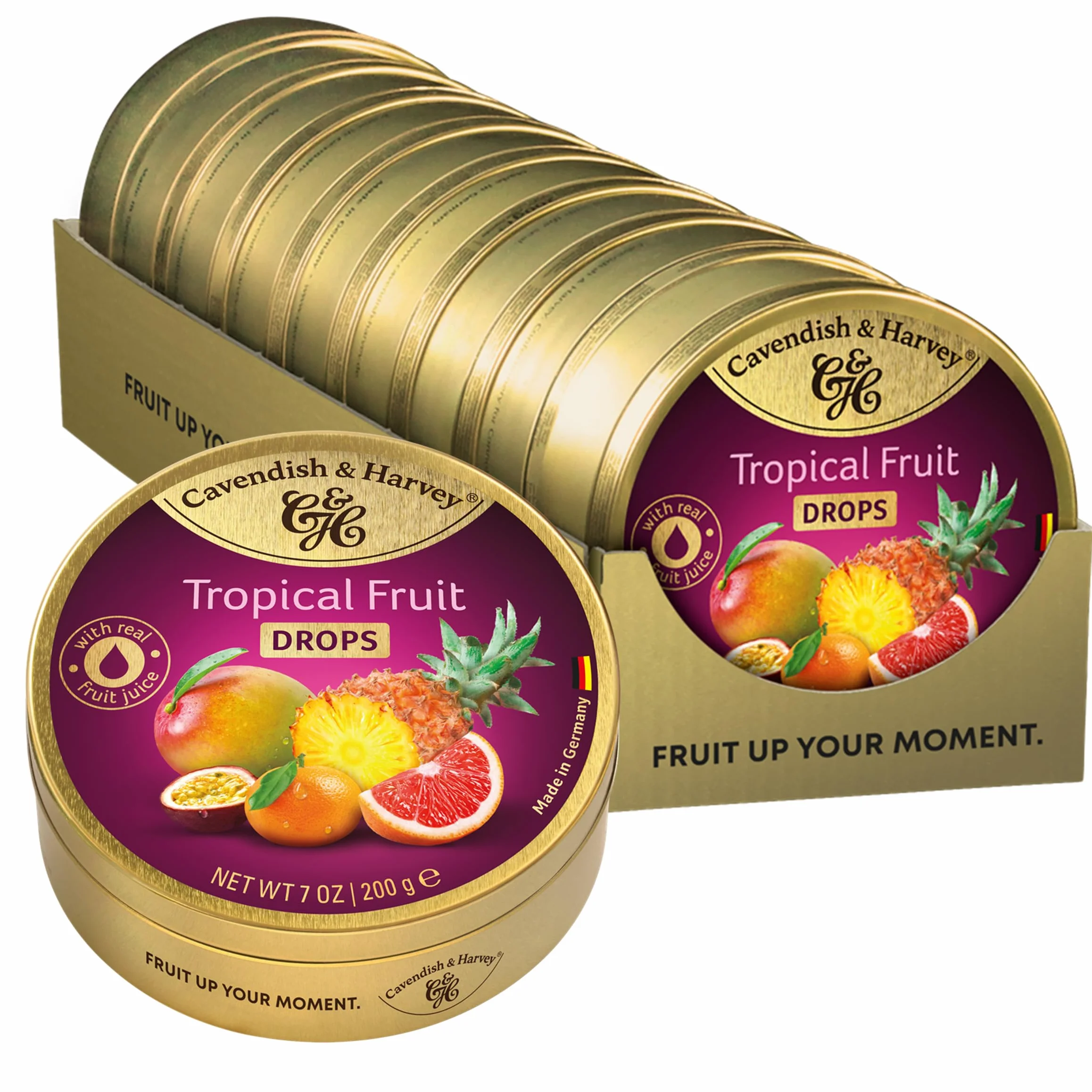 Cavendish & Harvey Tropical Fruit Drops Lot de 9 boîtes de conservation de 200 g | Mangue, pamplemousse, maracuja, kalamansi, ananas | Avec véritable jus de fruits naturels | Végétalien, halal, casher