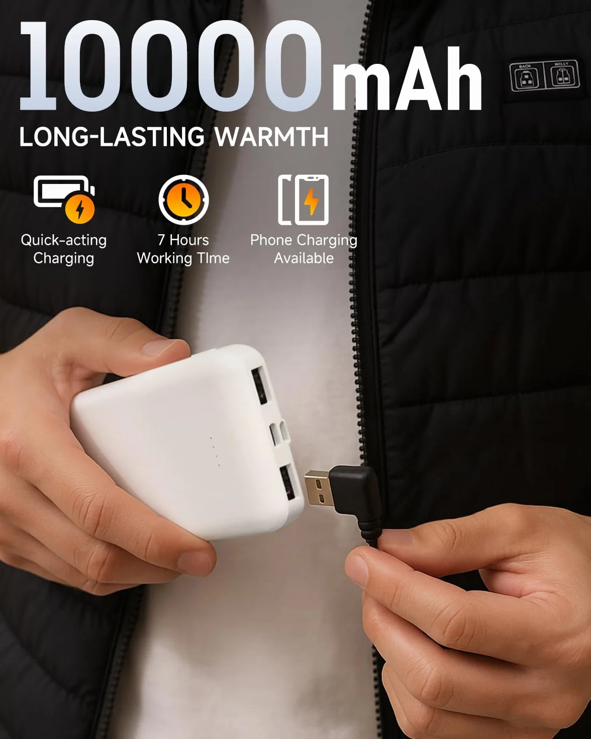 LABCOOL Veste Chauffante USB 12000mAh 5V 3 Niveaux 6 Zones Chauffantes Gilet Homme Femme