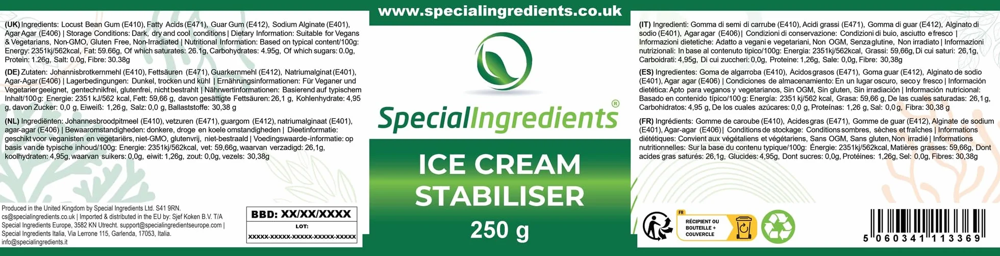 Special Ingredients Ice Cream Stabiliser 250g - Stabilisant pour glaces & sorbets - Convient aux végétariens & véganes - Sans gluten - Non-OGM - Qualité supérieure - Emballage recyclable