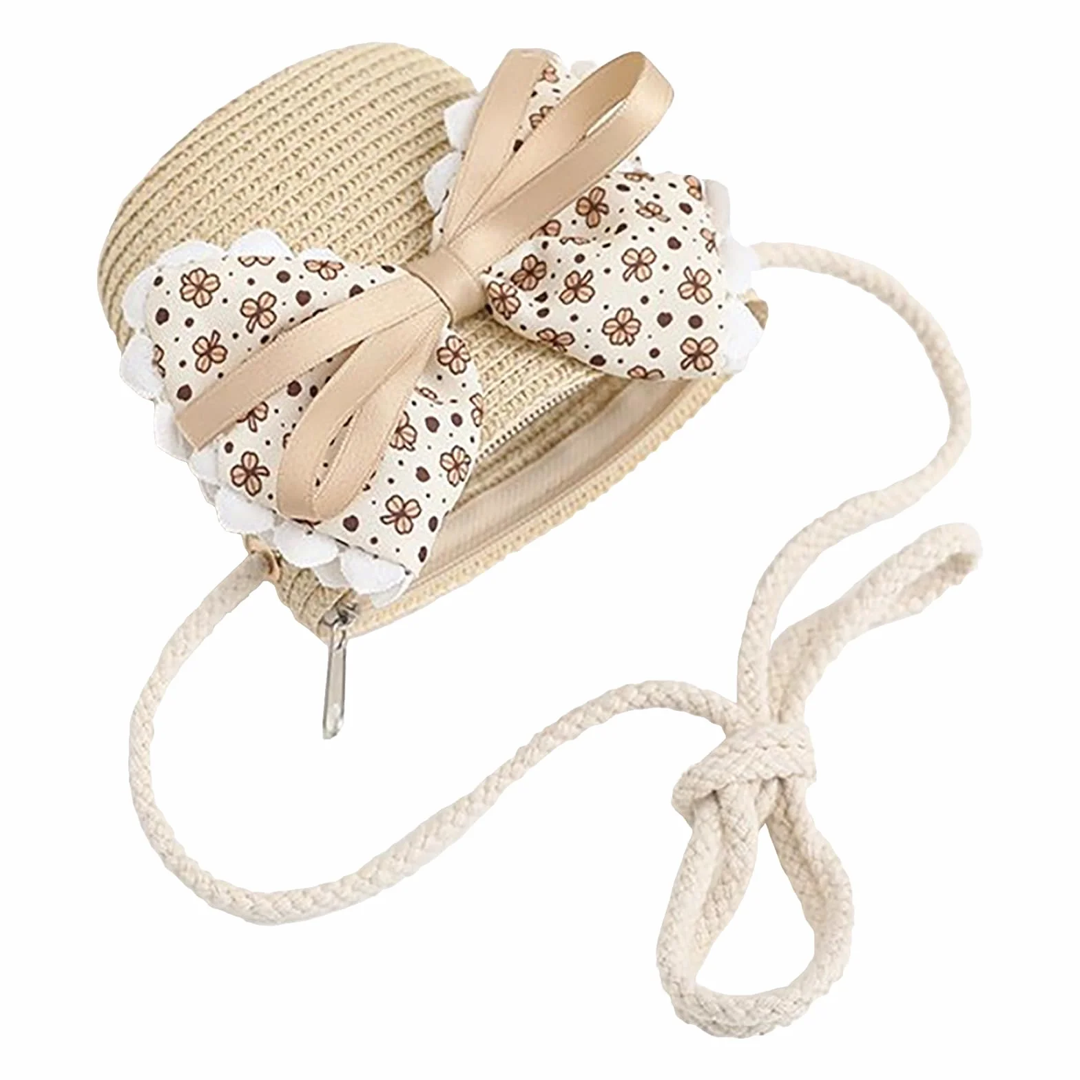 Chapeau de Paille Fille avec Sac en Paille Décoration Noeud Papillon Enfant 3-7 Ans Plage