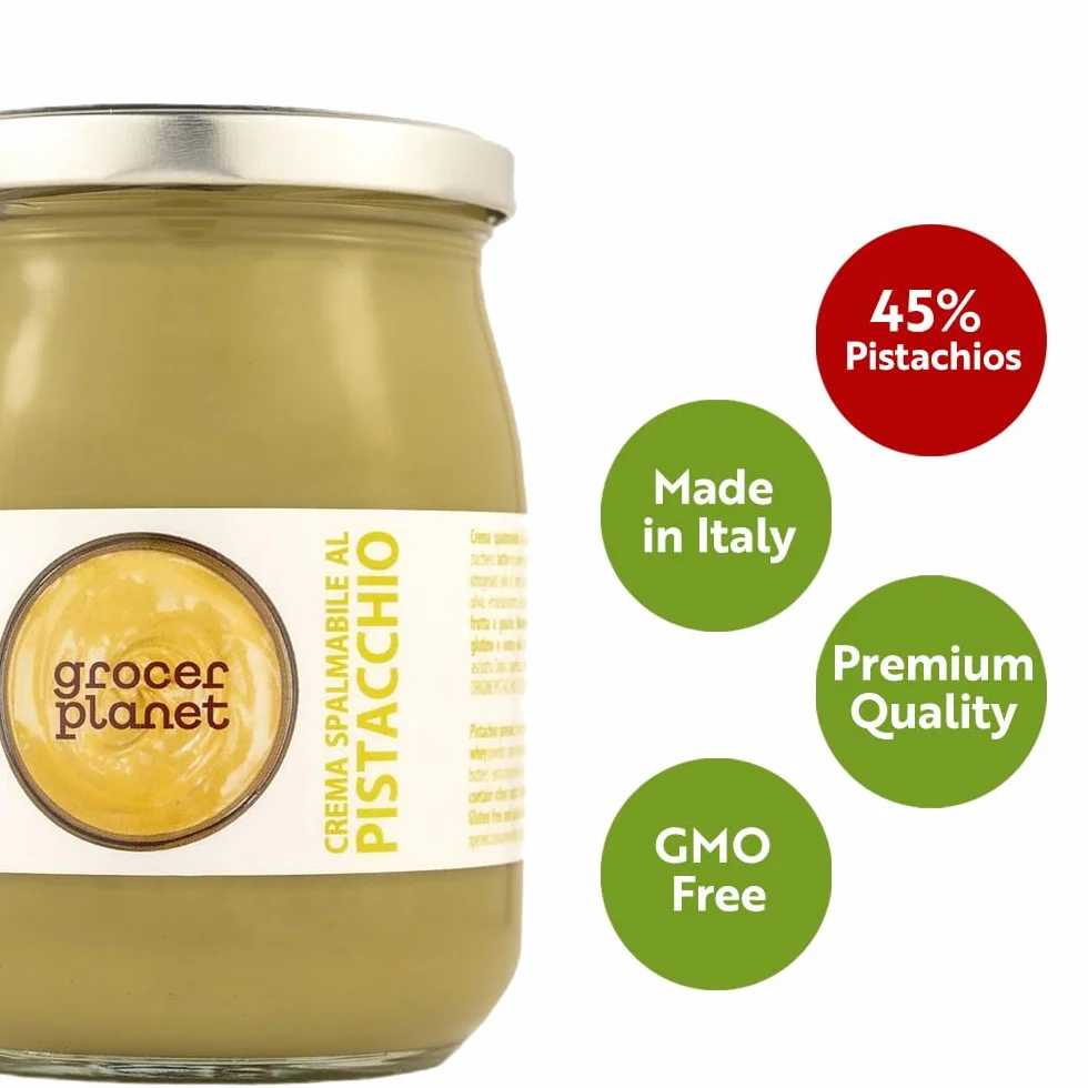 Grocer Planet - Crème Douce de Pistaches (600g) | Avec 45% de Pistaches | Cuisine Italienne Gourmet | Ideal pour les petits déjeuners et les desserts