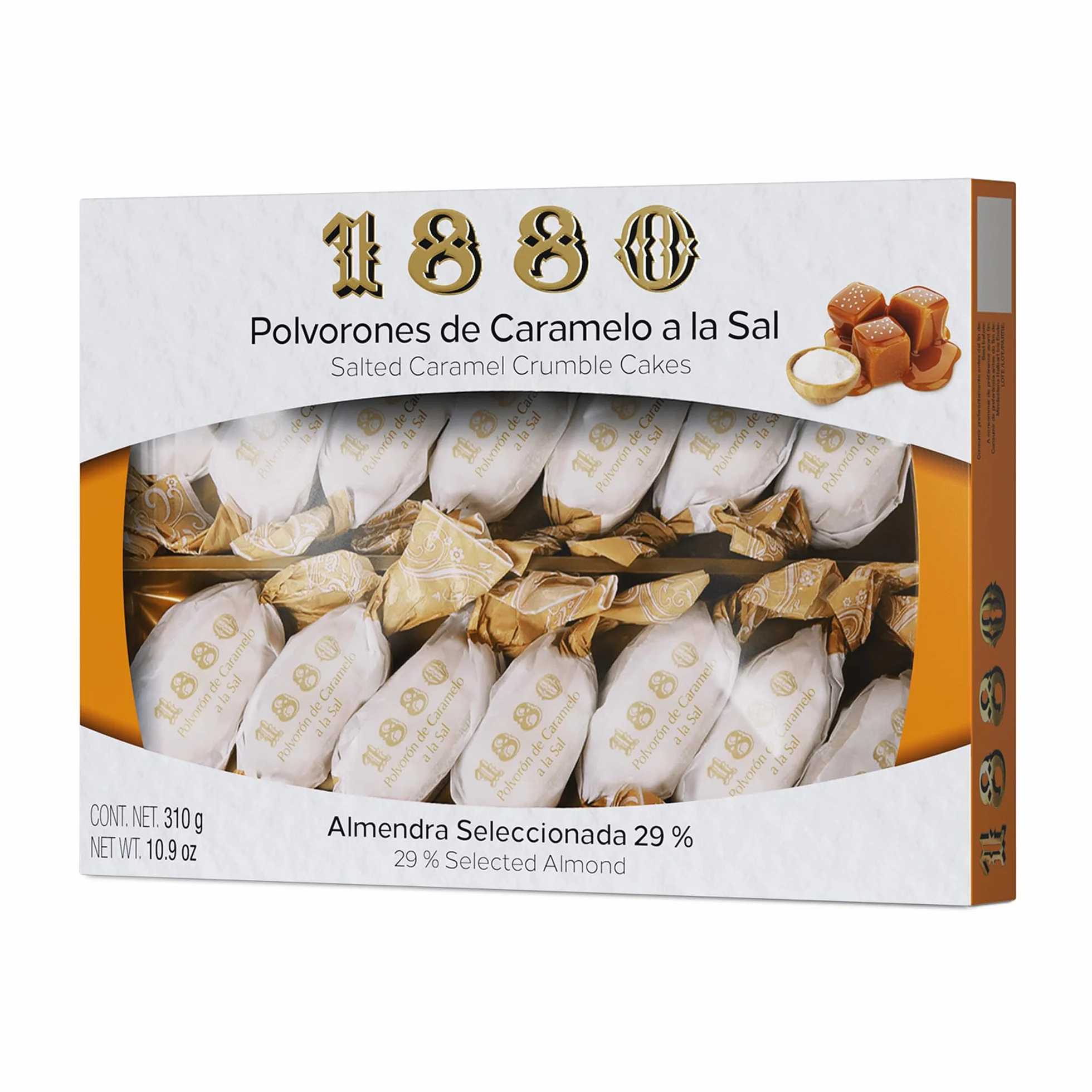 1880 - Sablés Caramel Salé, Qualité Suprême, Douceur typique de Noël, Recette Artisanale, Boîte Unique, Polvorones Traditionnels, Fabriqués avec des Amandes Sélectionnées, 280 Grammes