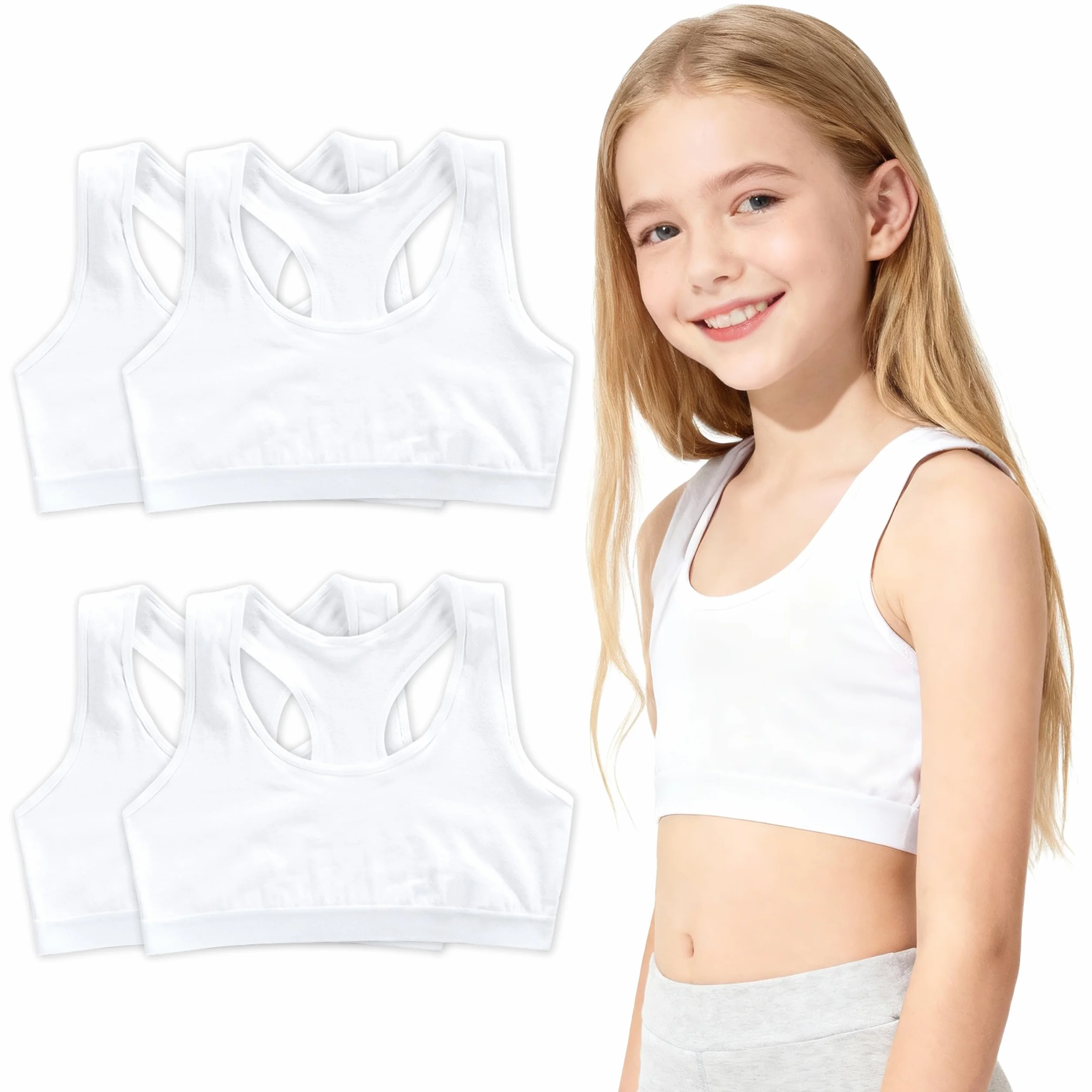 Lot de 4 Brassières Sport Fille Bralette Coton-Spandex sans Armature Crop Tops 8-14 Ans
