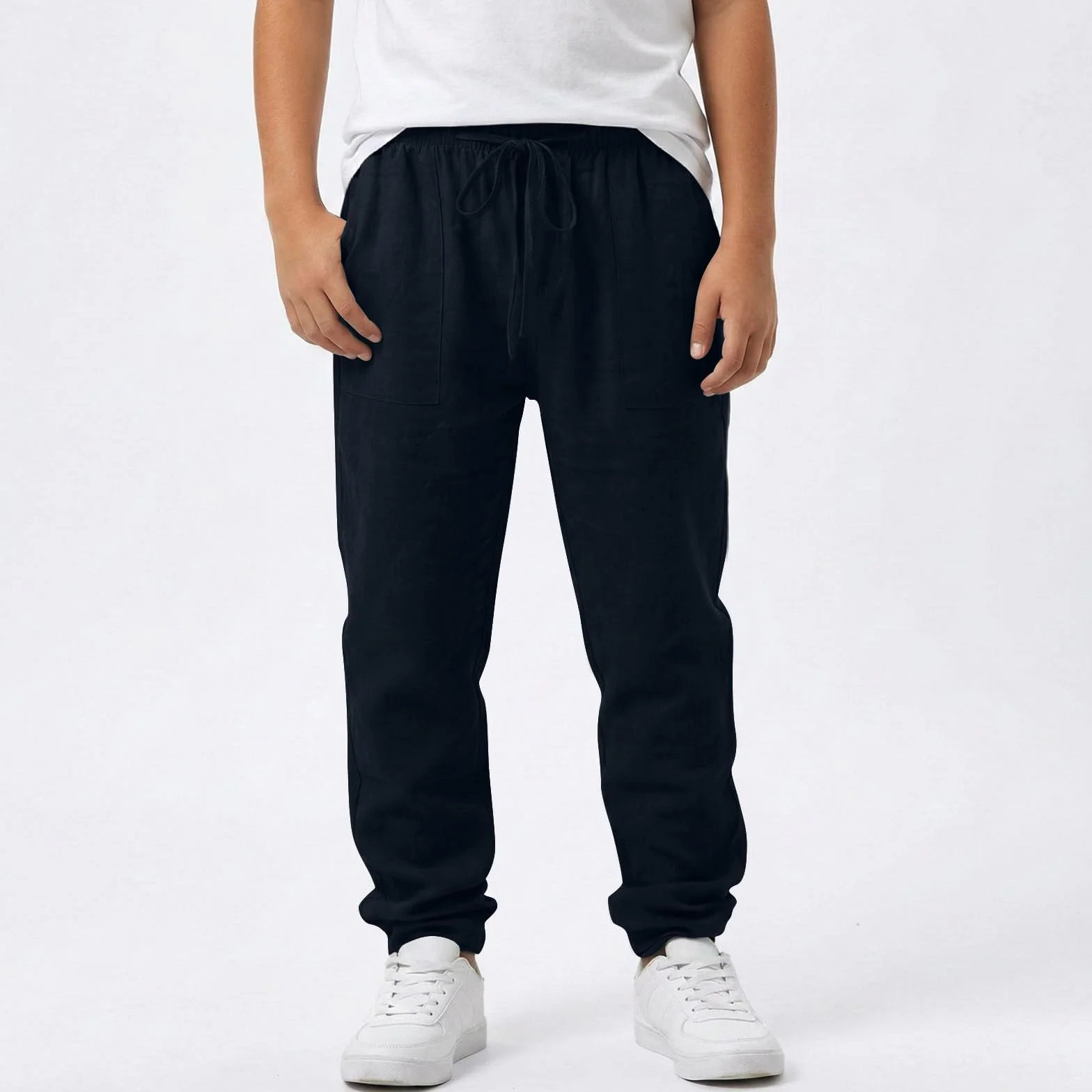 Pantalon en lin pour garçon long léger coupe ample été loisirs avec poches taille élastique