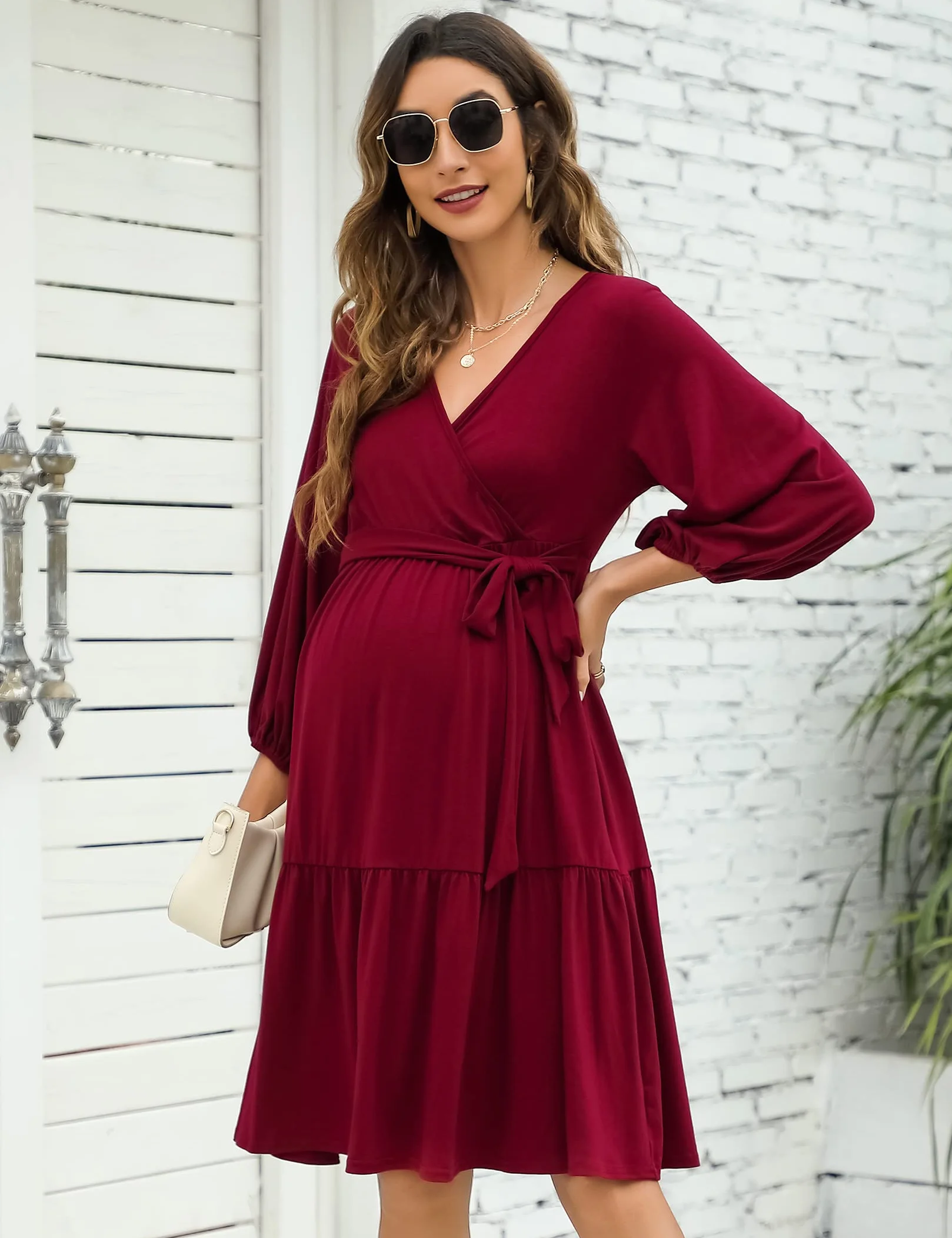 KOJOOIN Robe de maternité Femme Col en V Manches 3/4 Allaitement Volants Ceinture