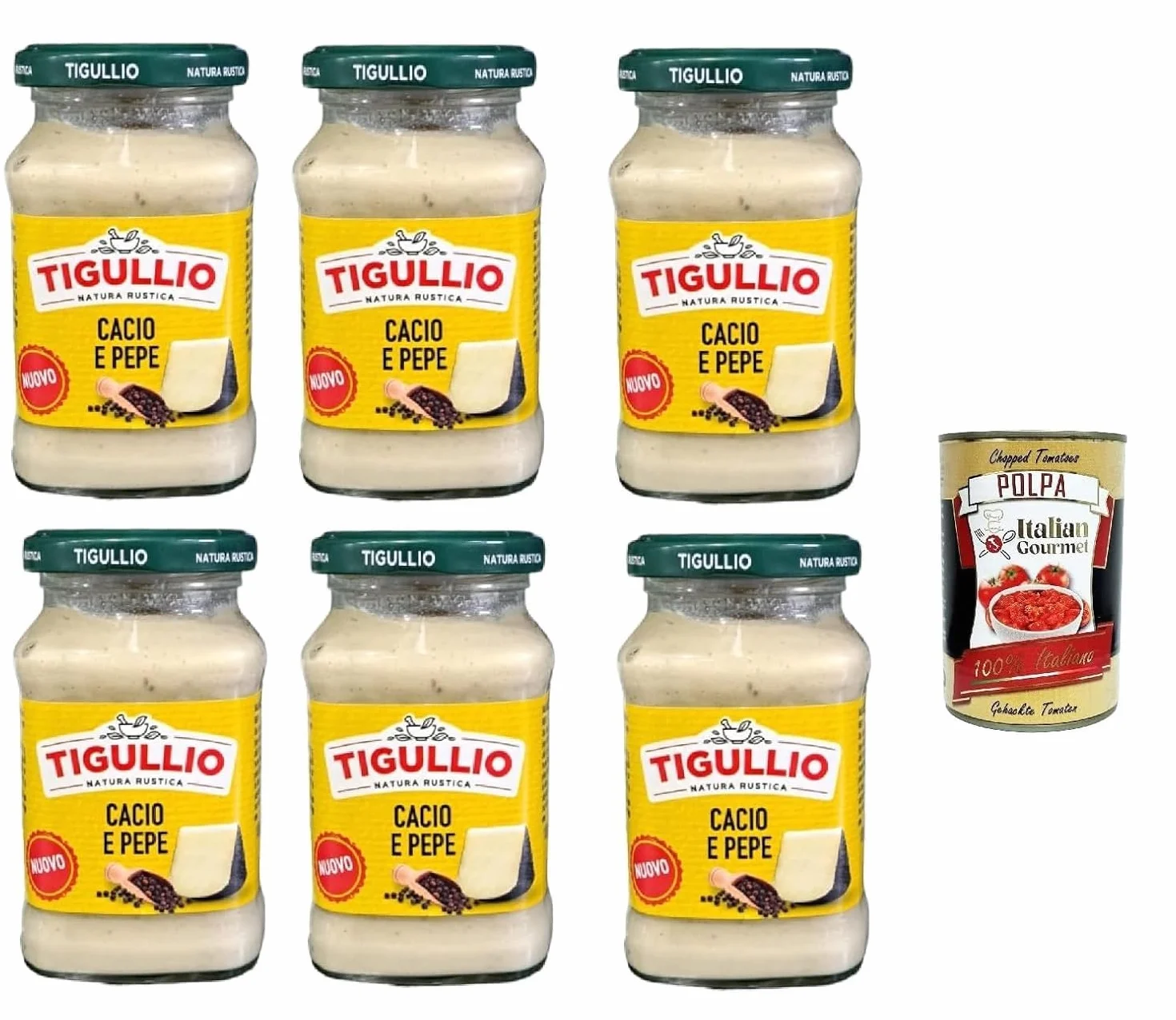 Italian Gourmet Lot 6 x 185 g Sauce Cacio e Pepe pour Pâtes – Sauce Italienne Crémeuse Fromage & Poivre, Prête à l’Emploi, Assaisonnement Pasta, Recette Romaine, Rapide + Italian Gourmet Polpa