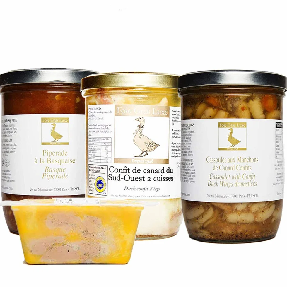 Panier Gourmand Noël Box Produits du Sud-Ouest 4 spécialités de la Ferme au Canard- Terrine de Foie Gras de Canard, Cassoulet, Piperade, Confit de Canard - Bocal en Verre - Sans Additifs Sans OGM