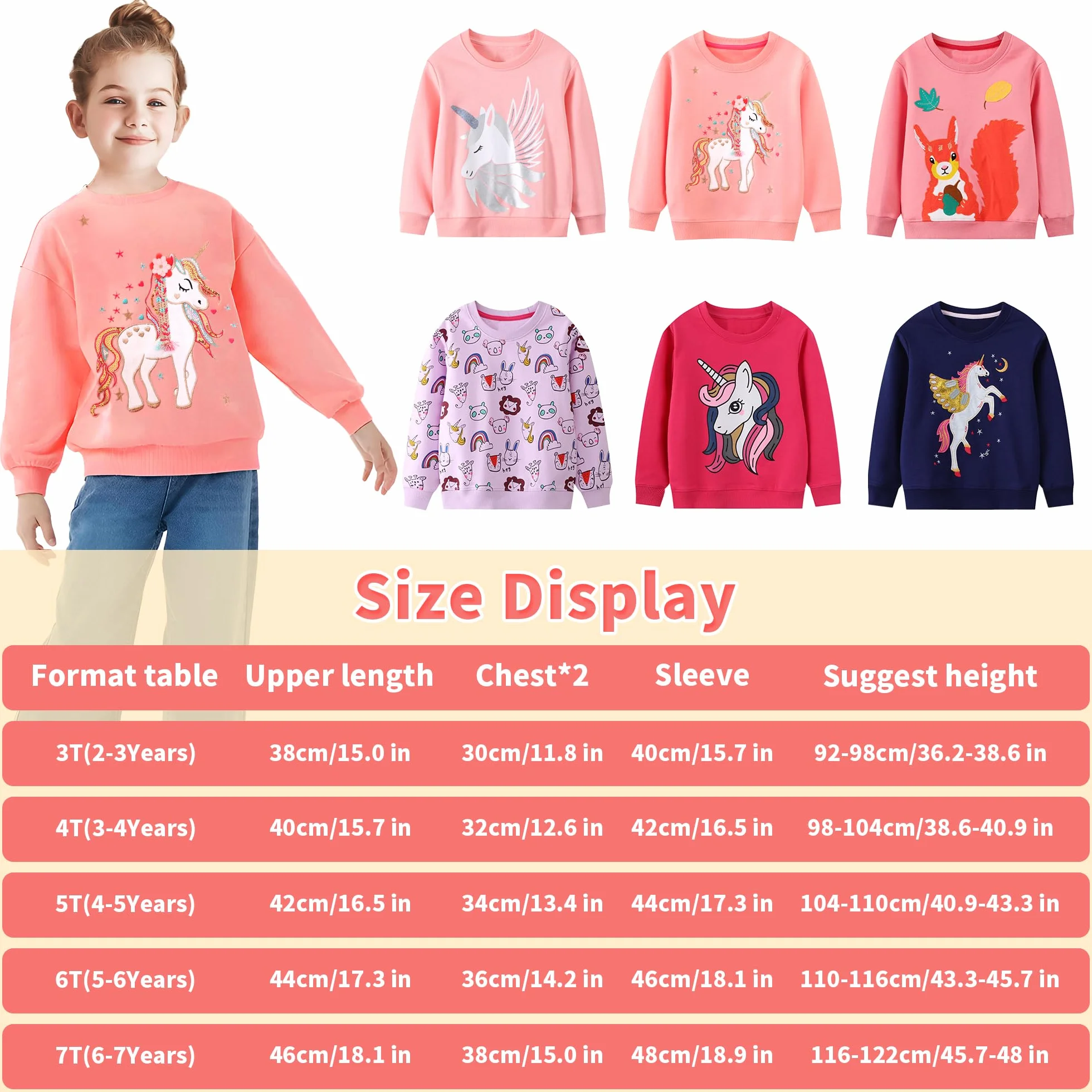 JinBei Sweat-Shirt Fille Pull Manches Longues Coton Hiver Automne Printemps Haut 2-7 Ans