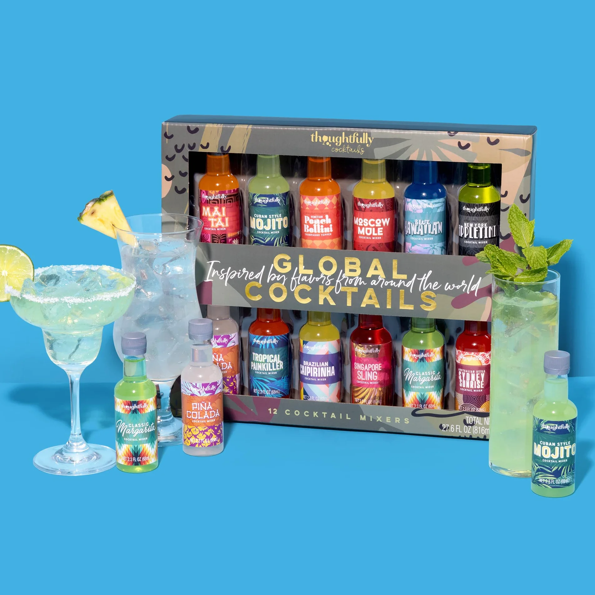Thoughtfully Cocktails, Coffret de mixeurs à cocktails du monde entier, végétalien et végétarien, saveurs Margarita, Moscow Mule et plus encore, lot de 12 (ne contient pas d'alcool)