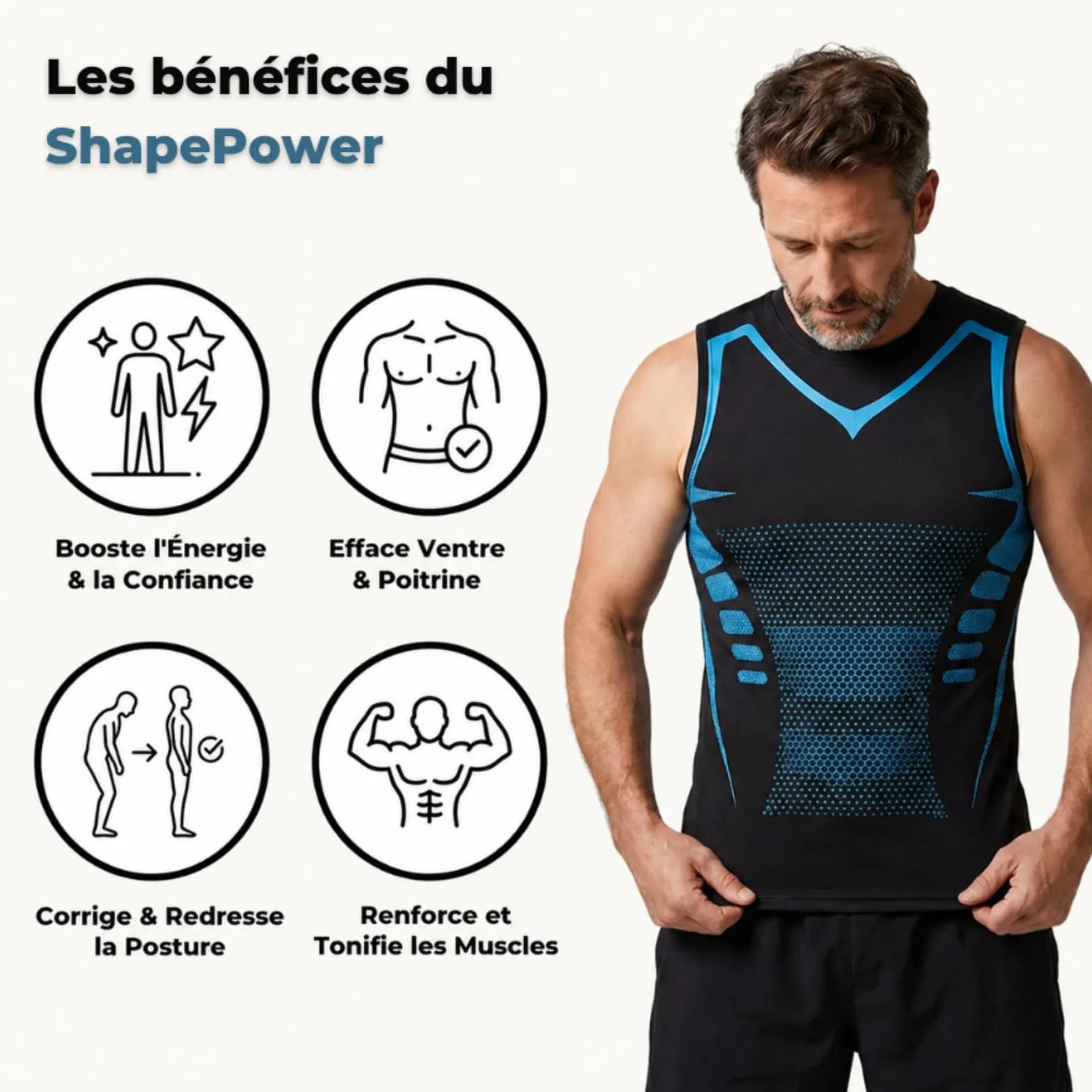 Shape Power Homme Débardeur de Compression Gaine Amincissante Modelante Tissu Respirant Body Shaper Tourmaline Ionique