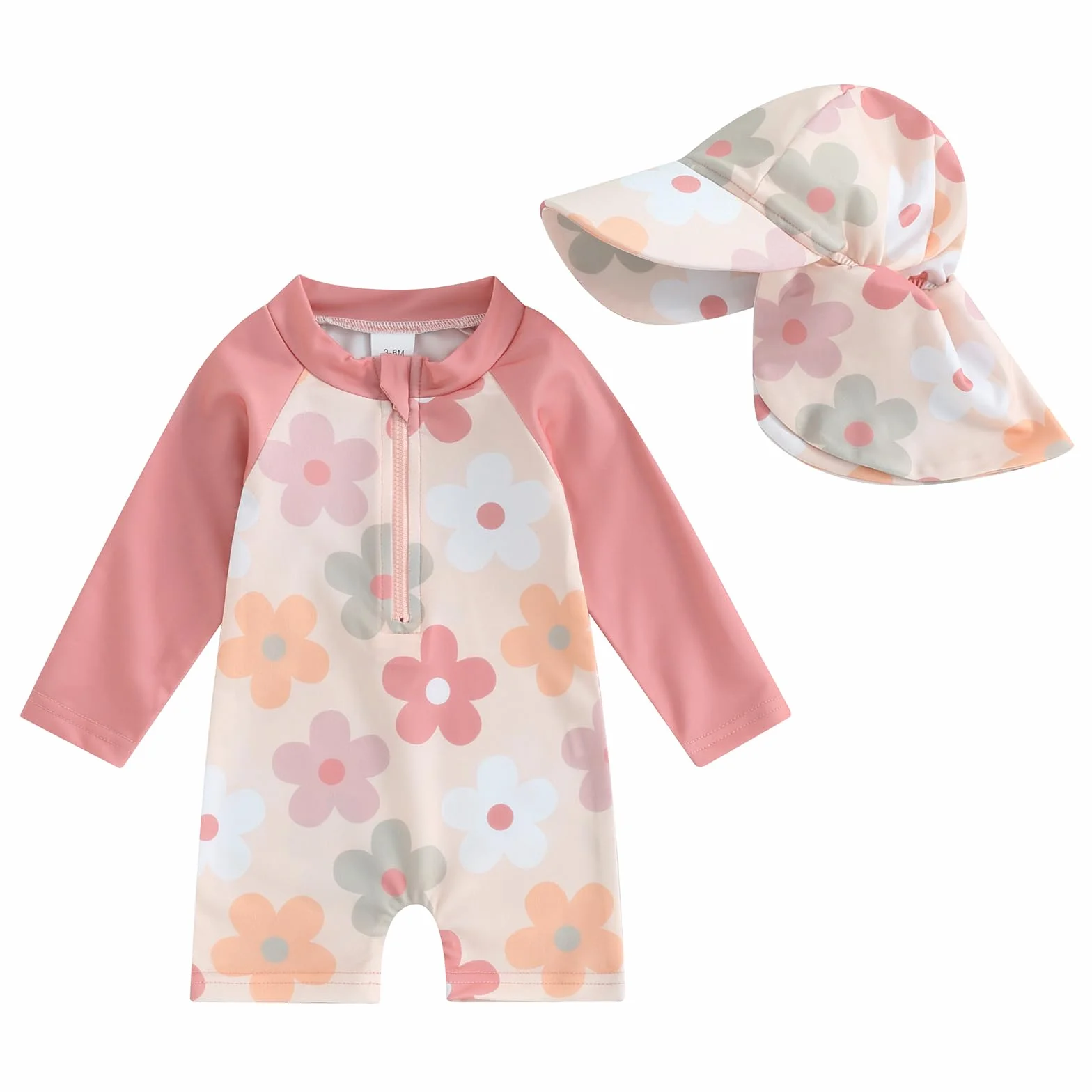 Carolilly Maillot de Bain Une Pièce Enfant Bébé Fille Zippé Anti-UV avec Chapeau Rose Fleurs 3-6 Mois