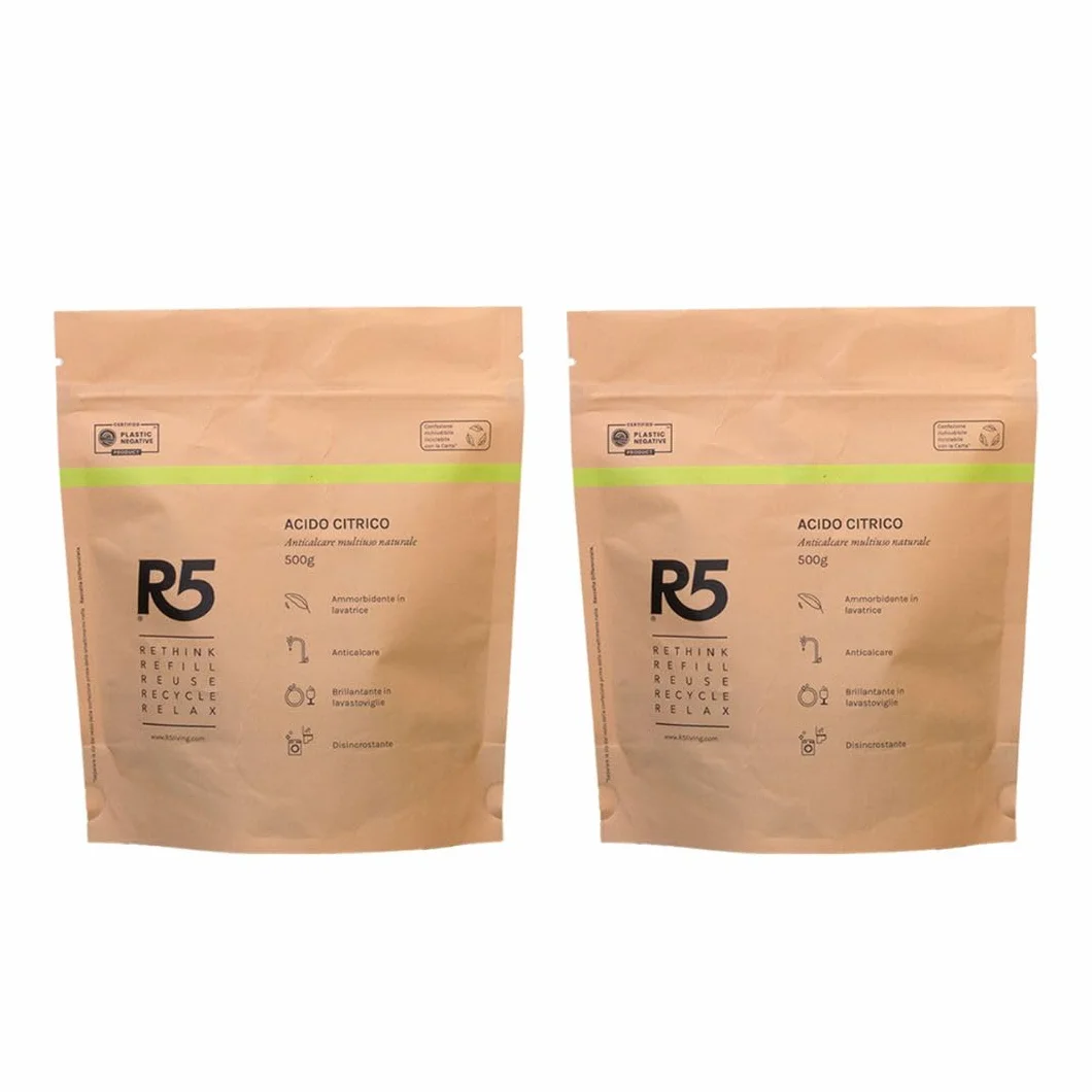 R5, Acide Citrique en Poudre, 1 kg, Détartrant Multi-usages, Détartrant, Produit de Rinçage et Adoucissant, Sans Odeur, Certifié Plastique Négatif, 2 Paquets de 500 g