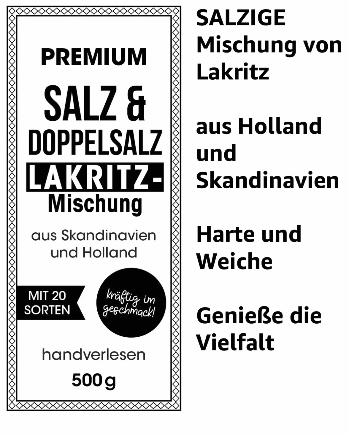 Mélange Premium de réglisse salée 500g, salé et double salé, spécialités sélectionnées à la main de Scandinavie et Pays-Bas