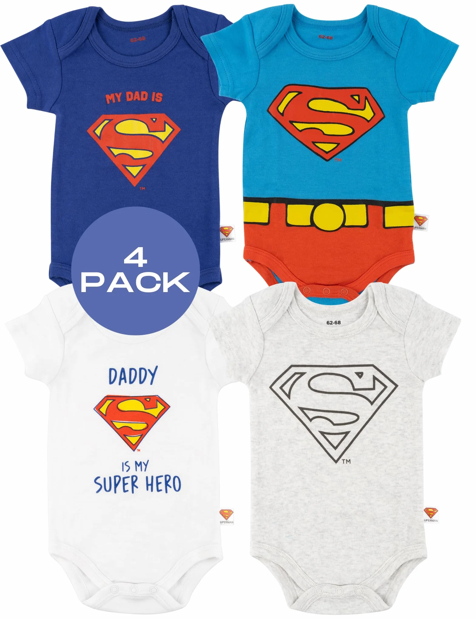 DC Comics Superman Body Bébé 4 Pack 3 Tailles Cadeau Naissance Garçon Fille