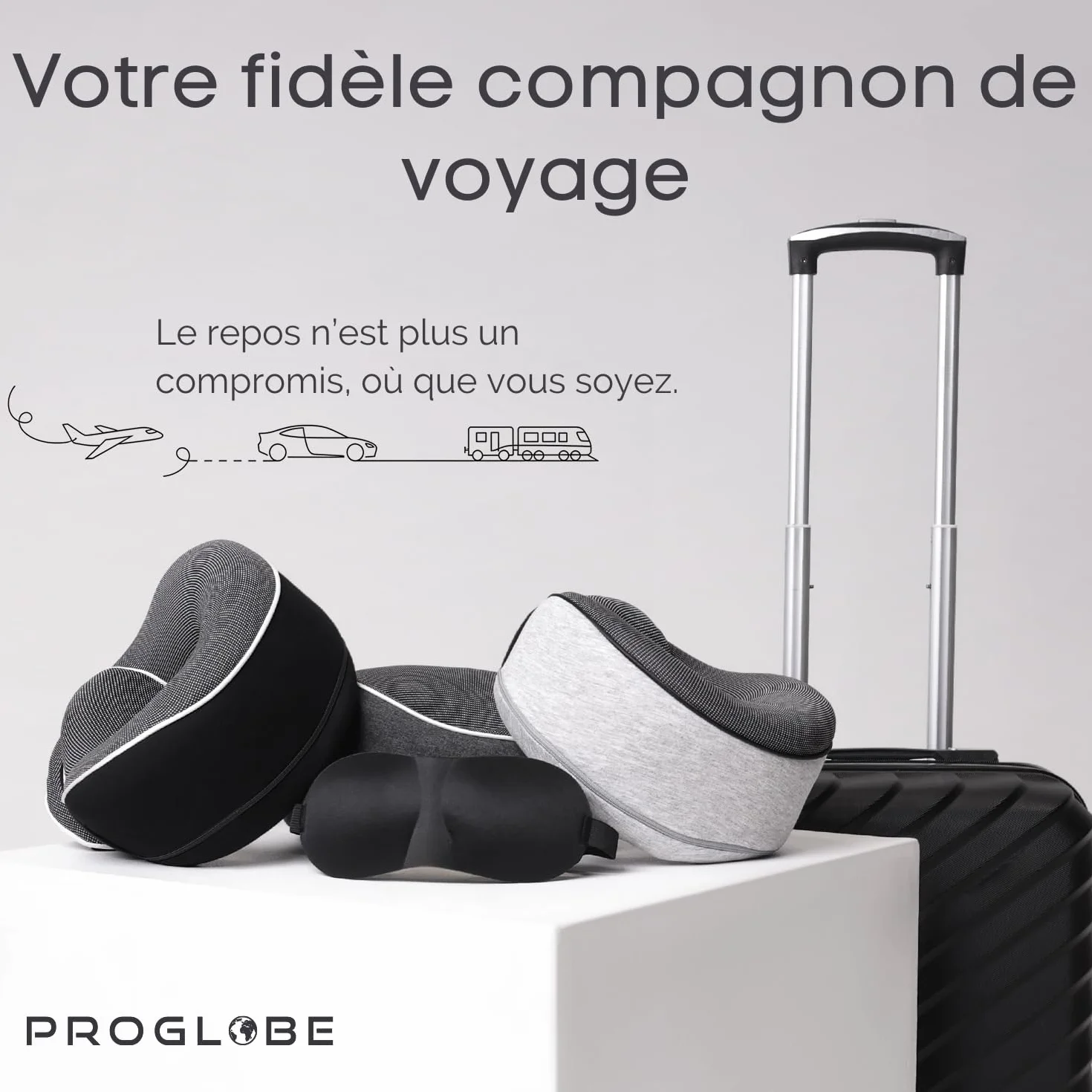 Coussin de Nuque Mousse à Mémoire de Forme Orthopédique pour Voyage Avion Voiture Train avec Masque Sommeil 3D Sac Maille Gris Foncé