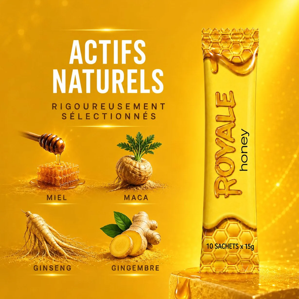 MIEL OR PRODUIT ALIMENTAIRE ROYALE 100% NATUREL INTENSE POUR HOMME EN STICKS - GINSENG FORMULE EFFICACE 10 SACHETS INDIVIDUELS FORMAT PRATIQUE