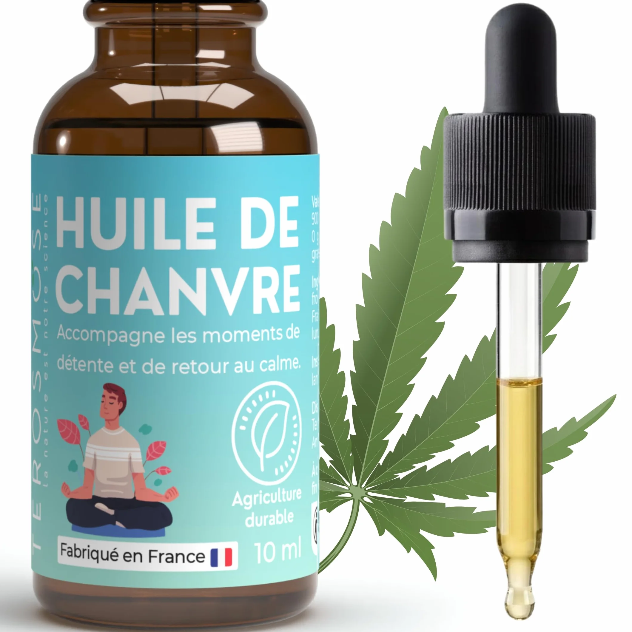 Huile de Chanvre Pure • 100% Cannabis Sativa L. 10 ml | Hemp Oil | avec Pipette Compte-Gouttes | Idéal pour votre rituel bien-être & détente de fin de journée | Origine France | Laboratoire Terosmose
