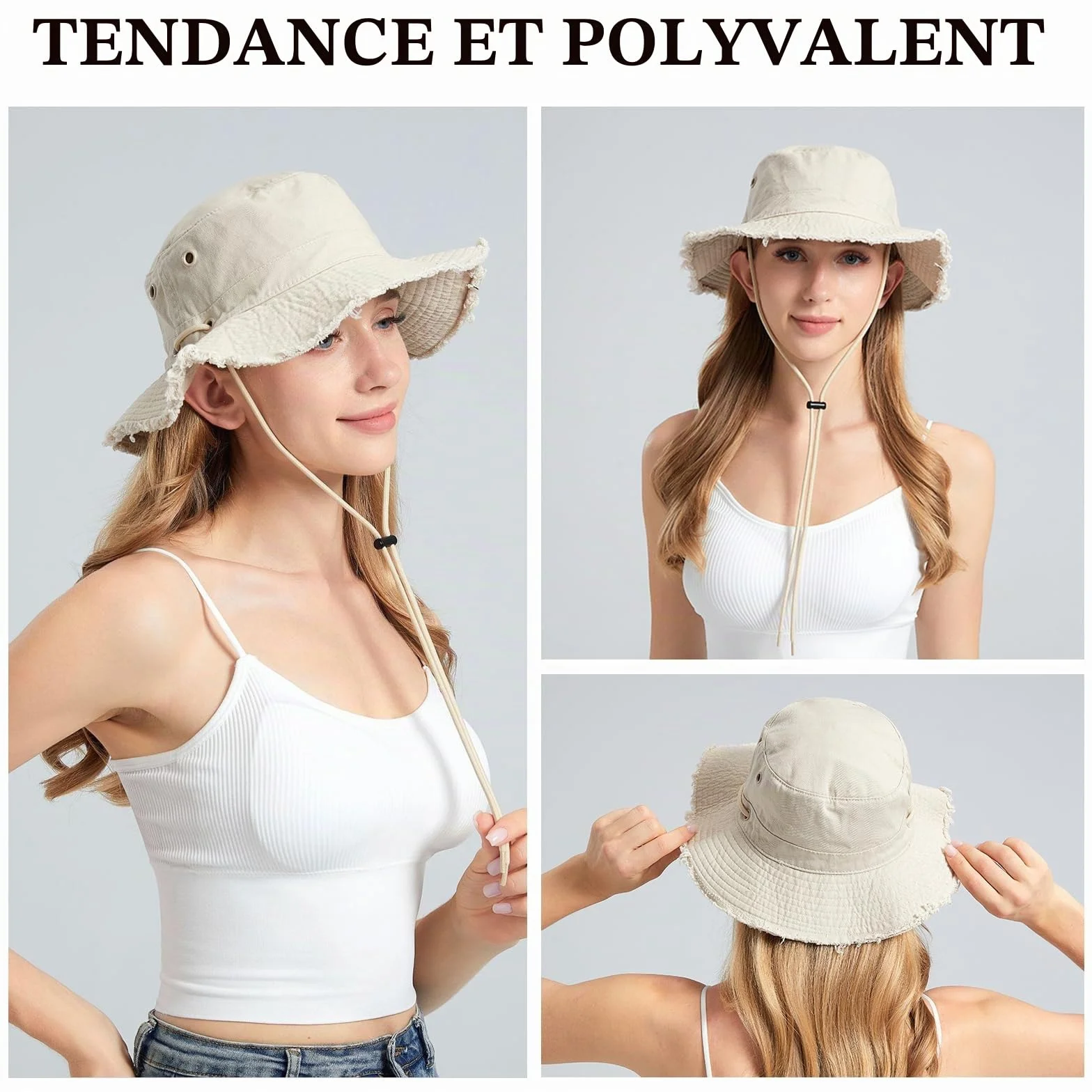 Chapeau Anti UV Femme, Chapeau de Pêche Protection Solaire en Coton, Large Bord Style Bob Respirant Pliable Bucket Hat pour Randonnée Camping