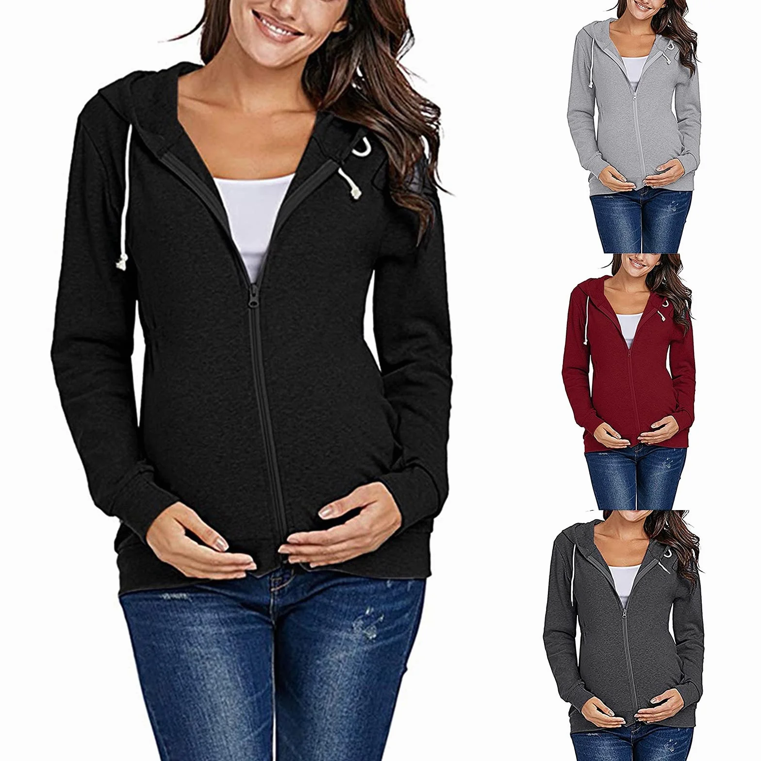 Hoodie de Maternité Sweat à Capuche Zippé pour Femmes Enceintes Veste Grossesse Casual avec Poches