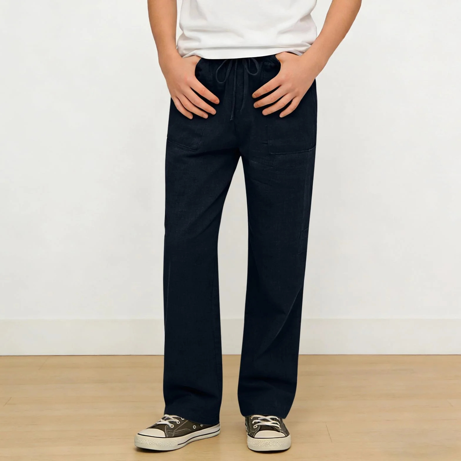 Pantalon en lin pour garçon long léger coupe ample été loisirs avec poches taille élastique