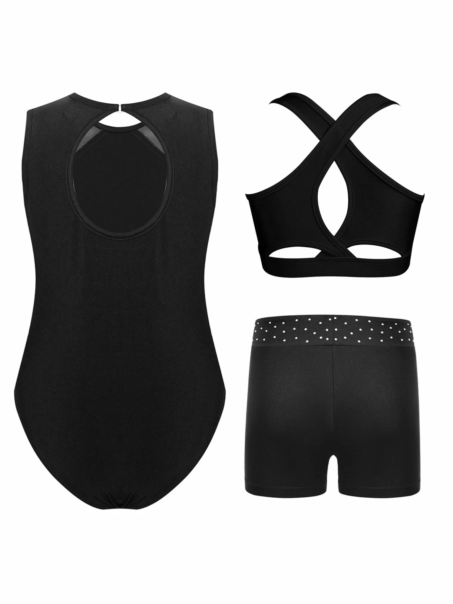 Oyolan Justaucorps Gymnastique Fille 3 Pièces avec Short Débardeur Tenue Danse Patinage