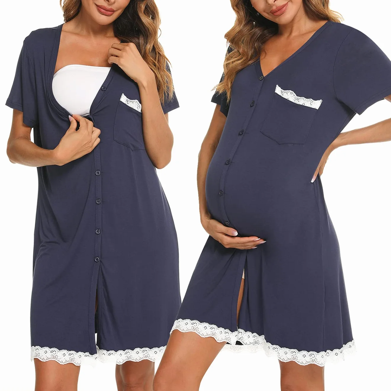 Chemise Nuit Allaitement Maternité Coton Robe de Nuit Femme Enceinte Col en V Manches Courtes Devant Ouvert