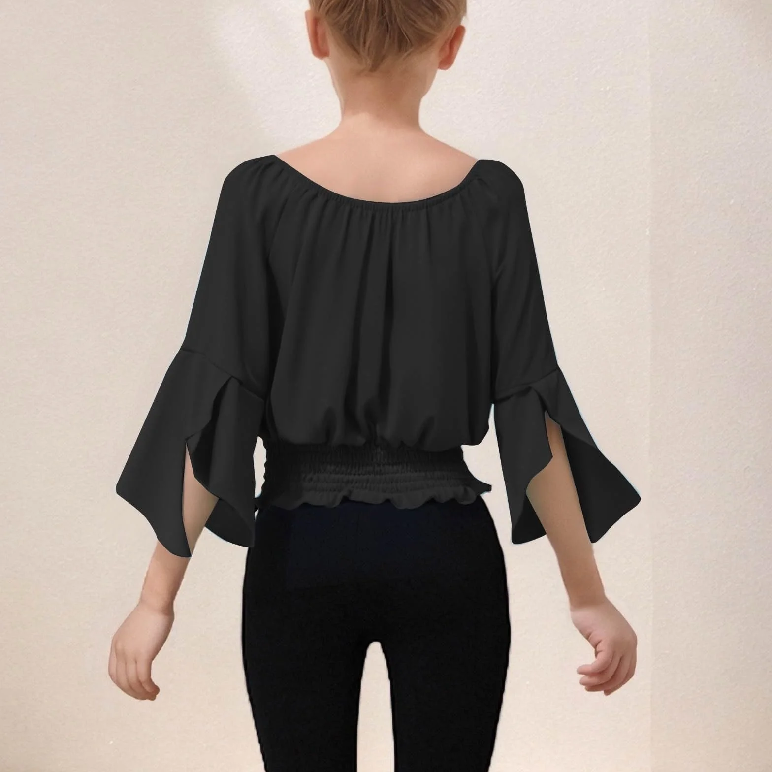 Haut Fille Épaules dénudées Manches évasées Taille élastiquée Crop Uni Décontracté pour Enfant Vêtement Fille pour Ado Haut Tendance