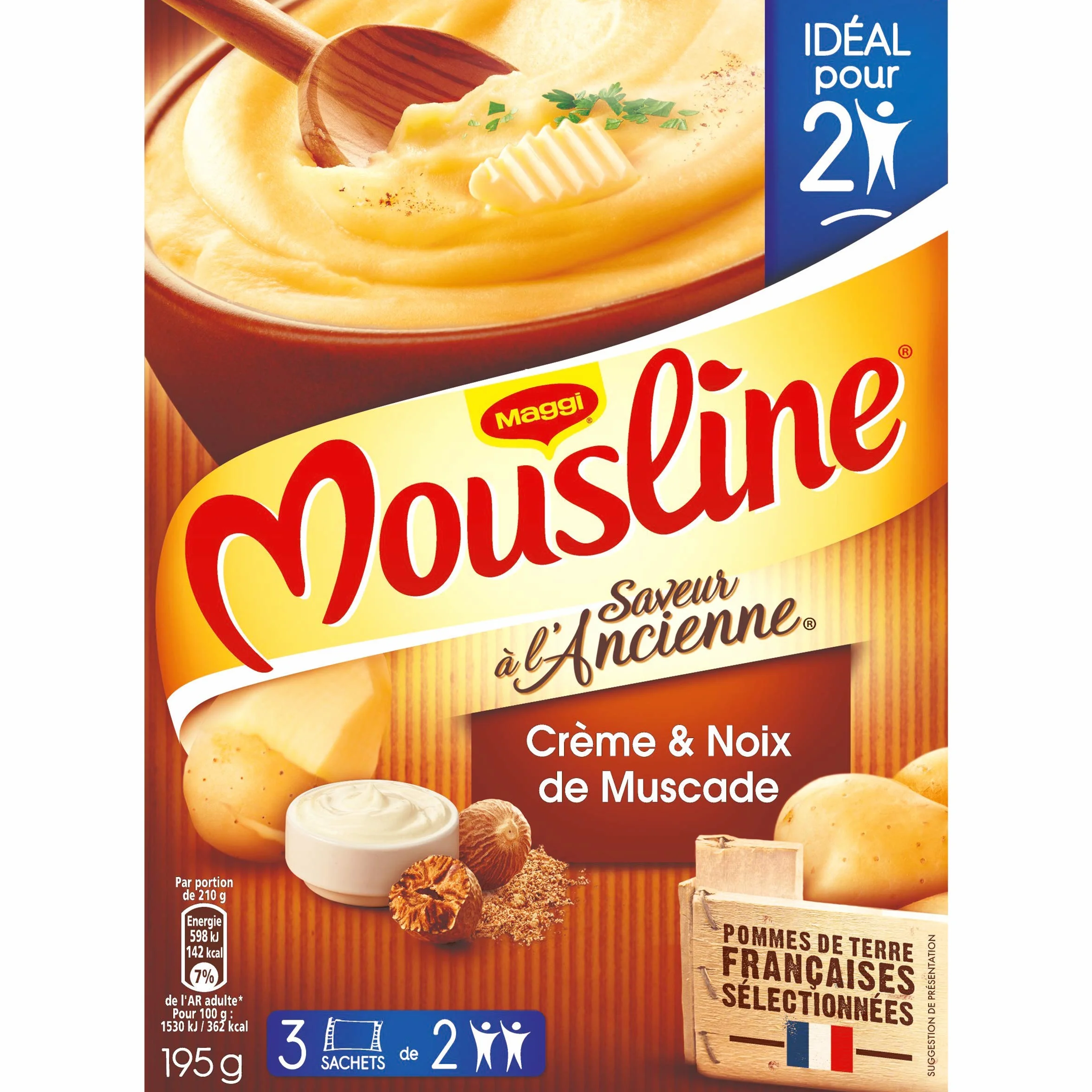 Maggi Mousline Purée Saveur à l'Ancienne Crème Muscade 3 Sachets de 65 g pour 2 personnes