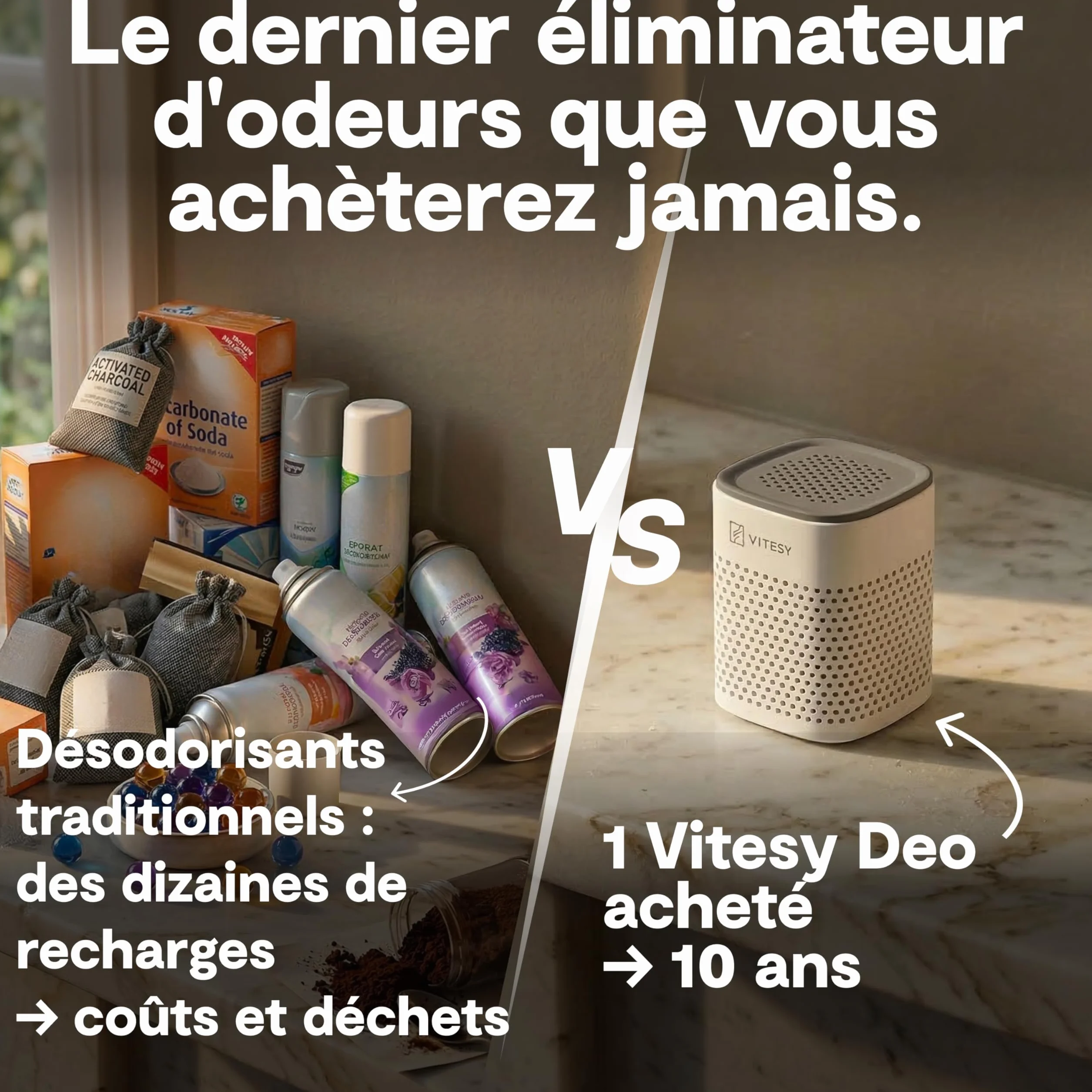 Vitesy Deo Absorbeur d'odeurs naturel pour réfrigérateur, voiture, armoire et chaussures | Élimine les odeurs sans recharge, réutilisable pendant 10 ans | Compact et portable