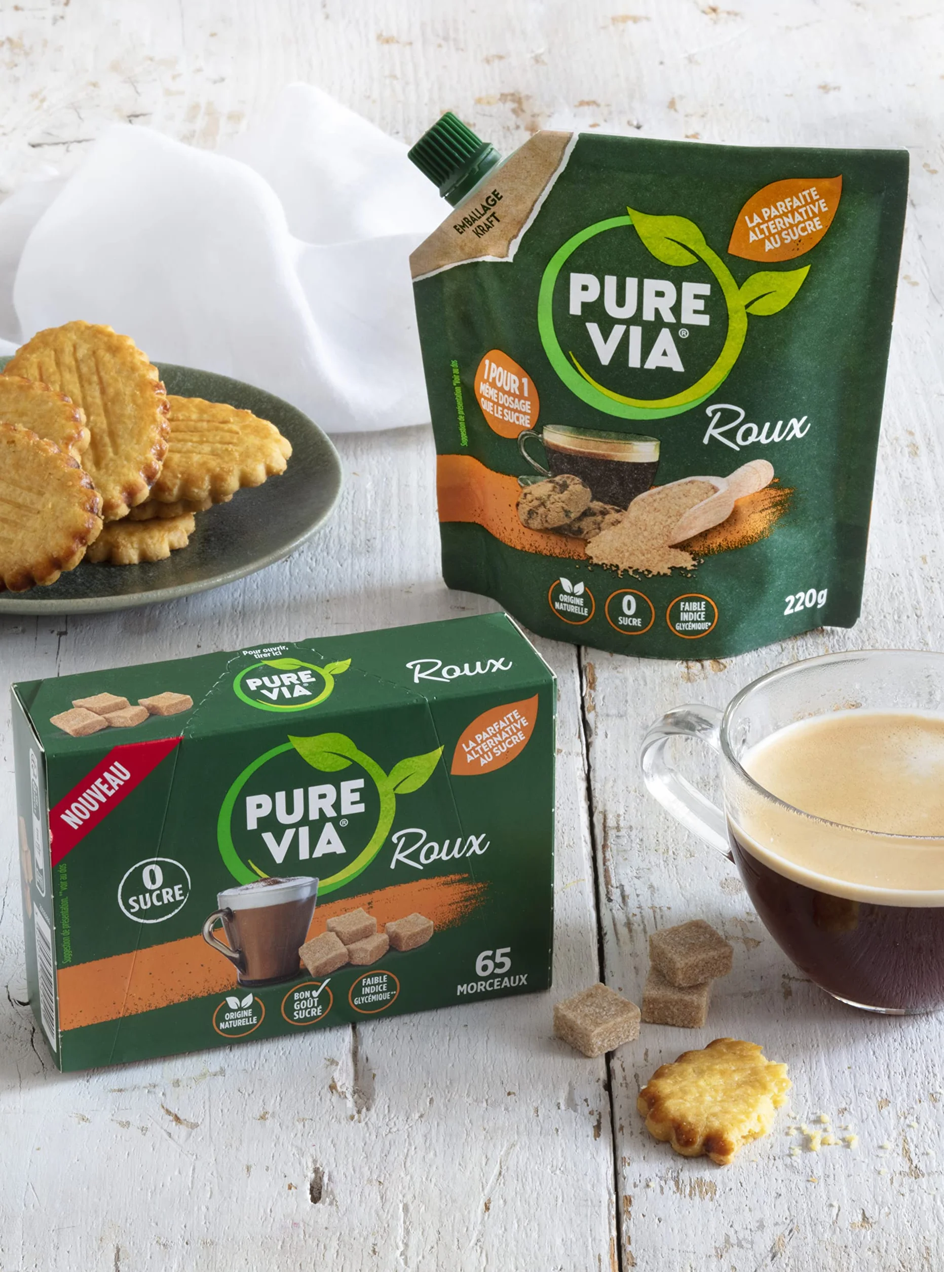 Pure Via - Roux - Boîte de 65 Morceaux - Faible teneur en calorie, Zéro Sucre - Alternative d'Origine Naturelle au Sucre Roux | 130g
