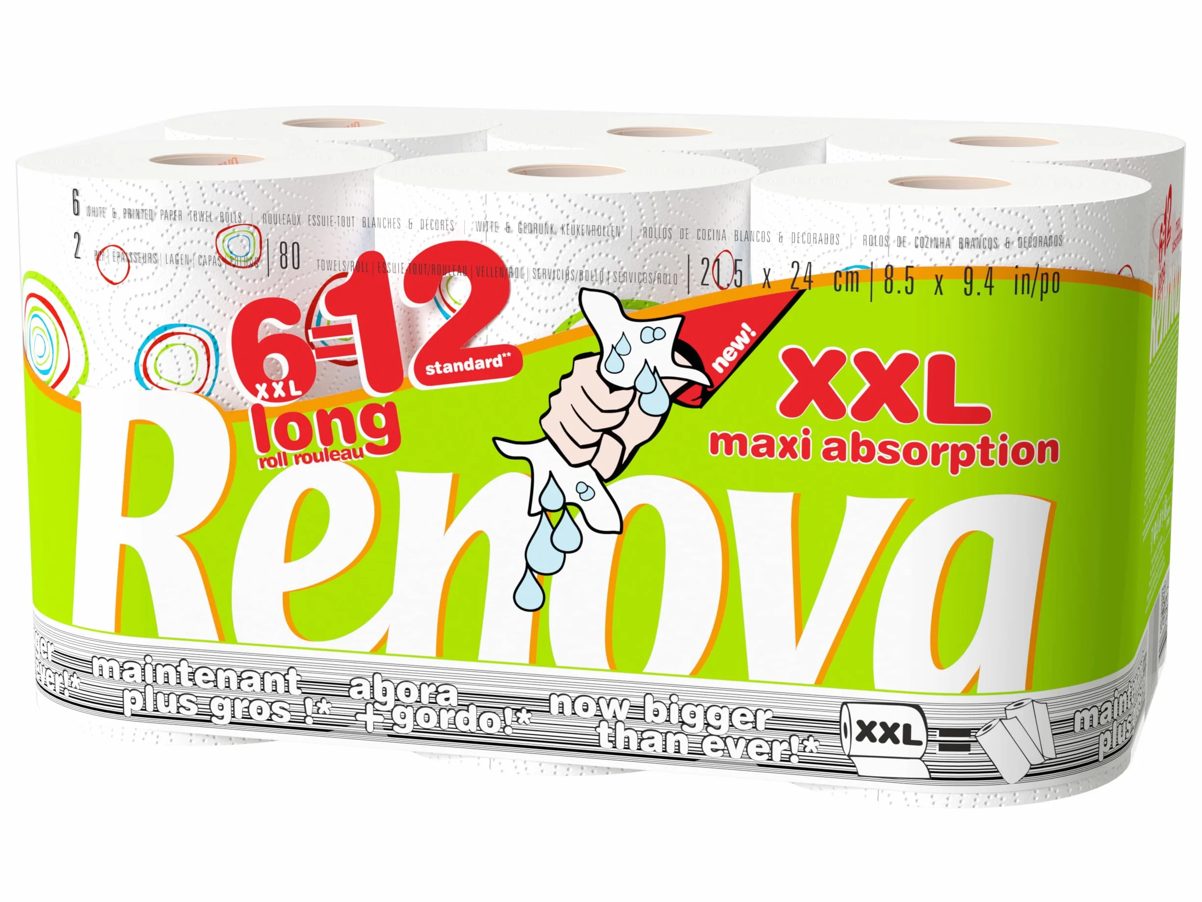 Renova Essuie-tout Max Absorption Compact Rouleau Taille XXL 6 Pièces
