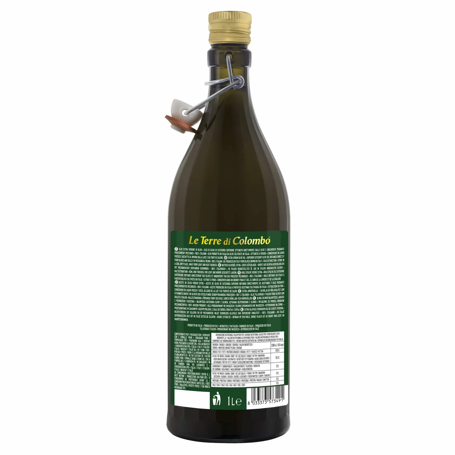Le Terre di Colombo – Bouteille d'Huile d'Olive Extra-Vierge 100 % Italienne avec Bouchon Mécanique - Bouteille nervurée - 1 L