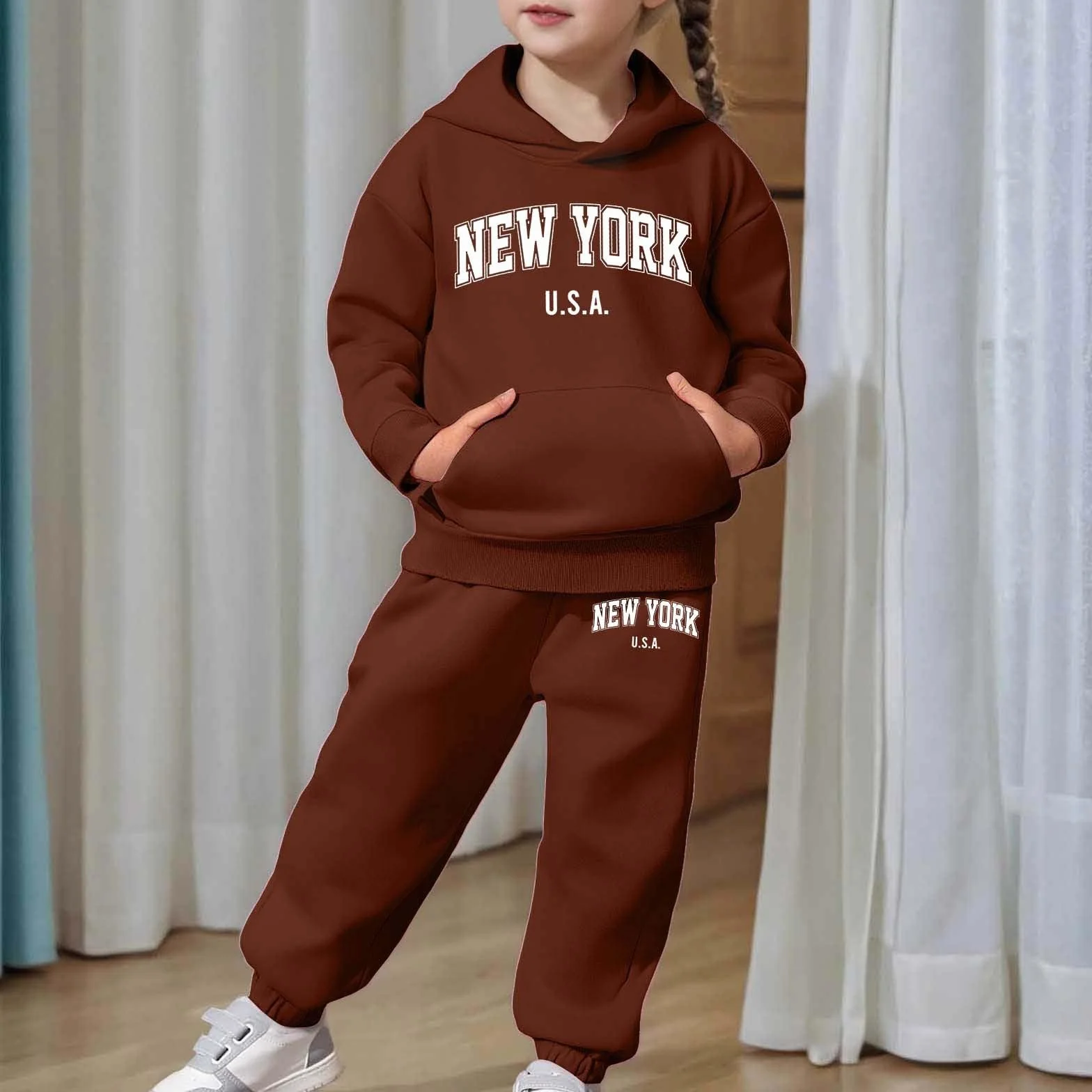 Survêtement enfant 2 pièces Pull manches longues Capuche Pantalon jogging Ensemble chaud Imprimé lettre Café 8-9 ans