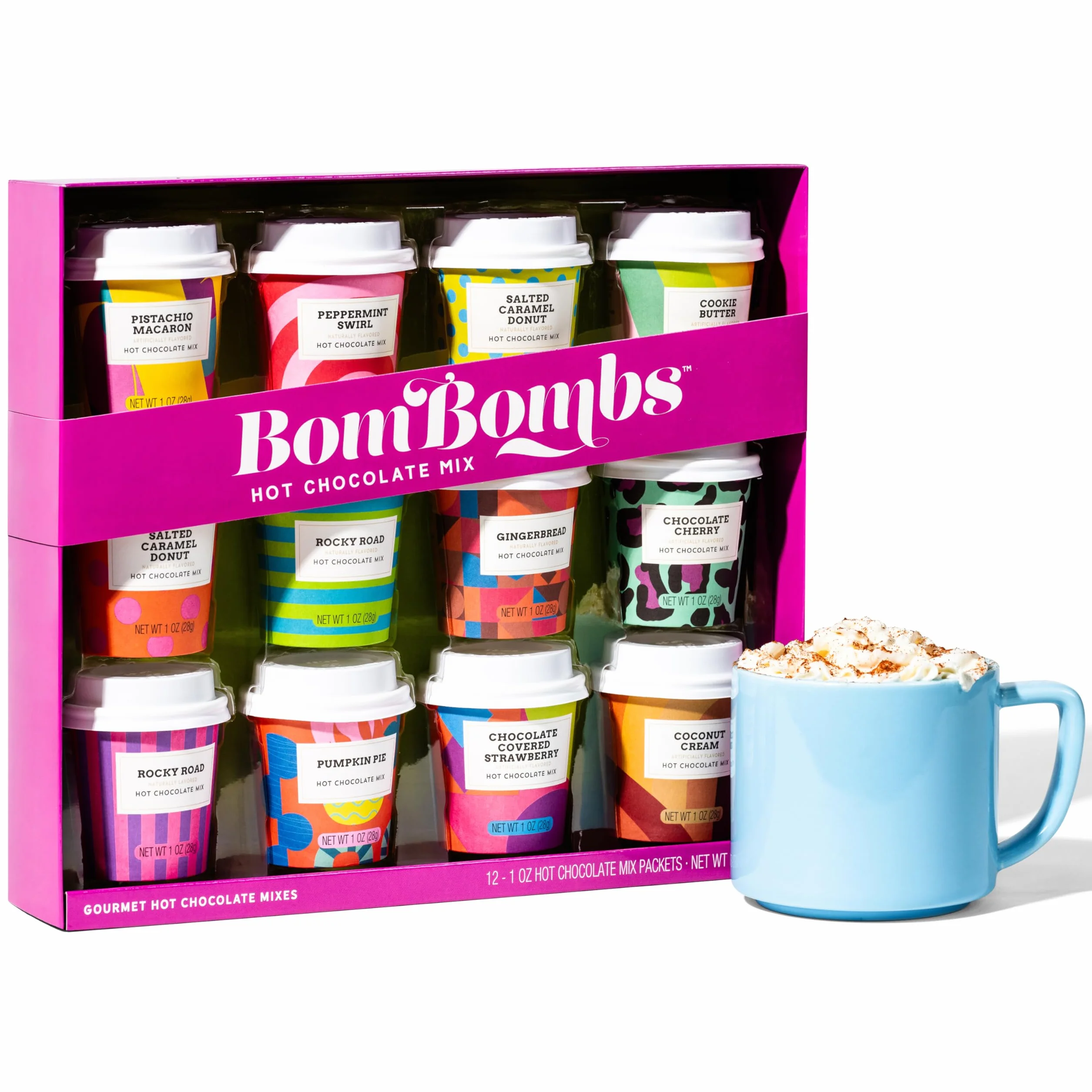 BomBombs, mélange de chocolat chaud avec emballage de mini-tasses, saveurs de dessert incluant Rocky Road, biscuits au beurre, tarte à la citrouille et plus, ensemble de 12