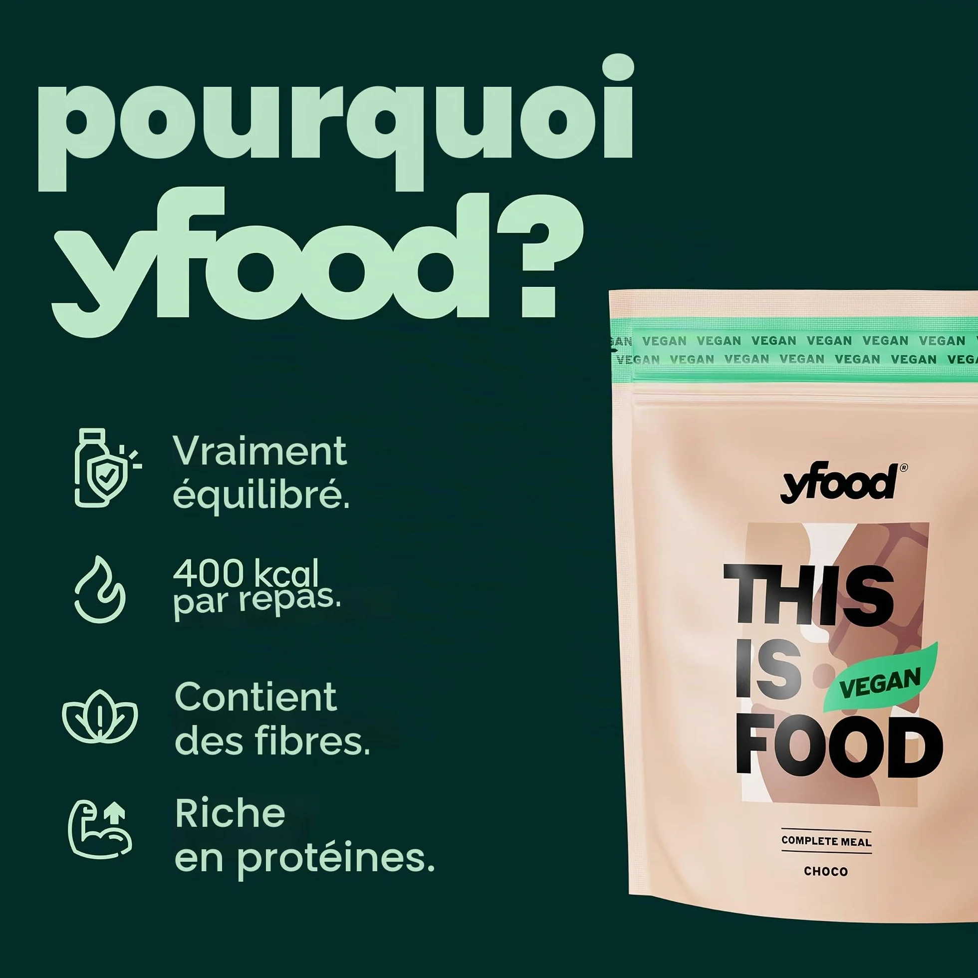yfood Poudre Classic Choco végétalienne, substitut de repas protéiné, THIS IS FOOD, 26 vitamines et minéraux, 12 repas par sachet, goût chocolat (végétalienne)