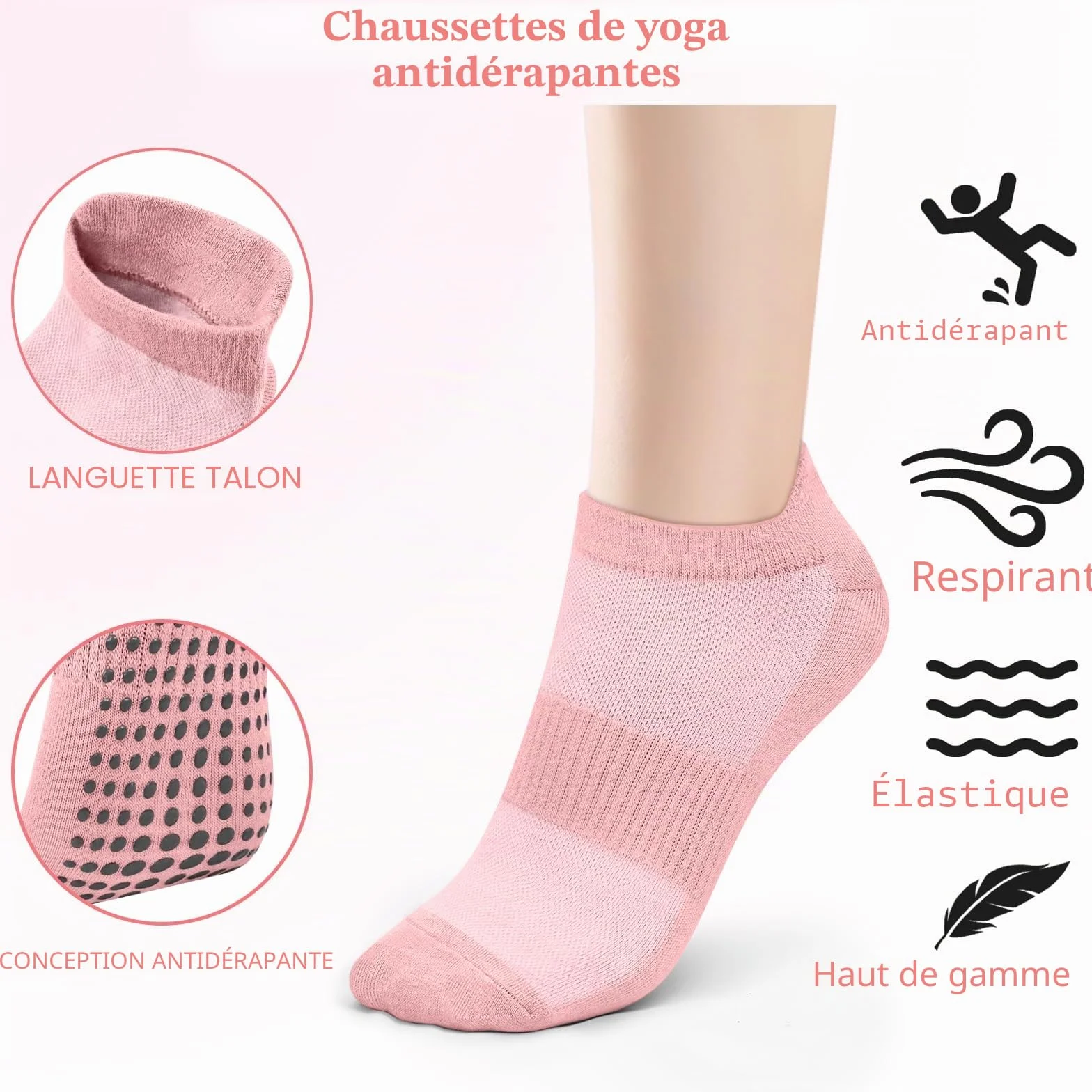 Chaussettes Pilates Femme 36-41 Anti-Dérapantes Semelle Grippée Yoga Barre Ballet Danse